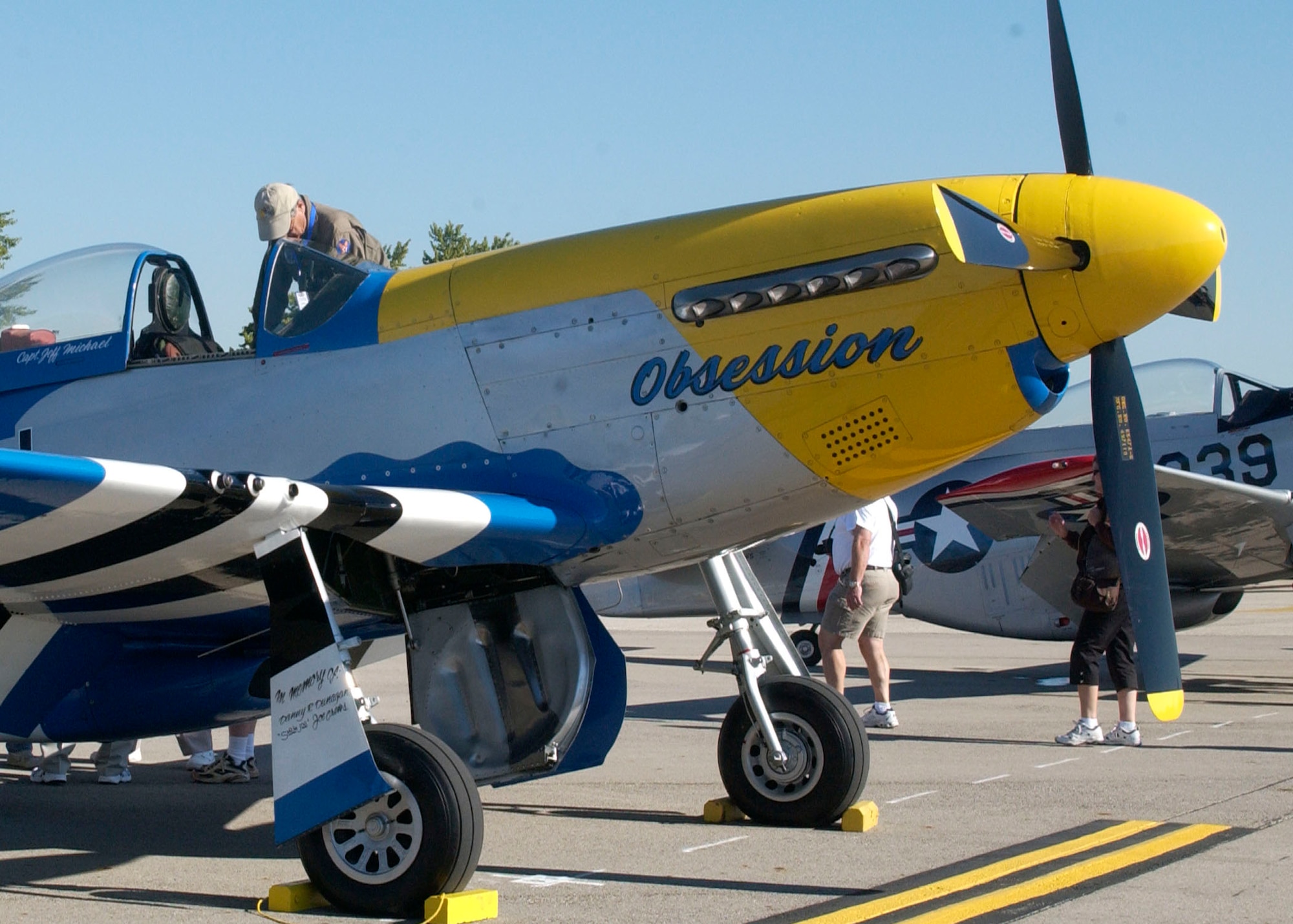 Jeff Michael brought his P-51 "Obsession" from Florida to be a part of the Gathering of Mustangs and Legends air show held at Rickenbacker International Airport.  (Air Force photo by Senior Airman Kristin Crain)
