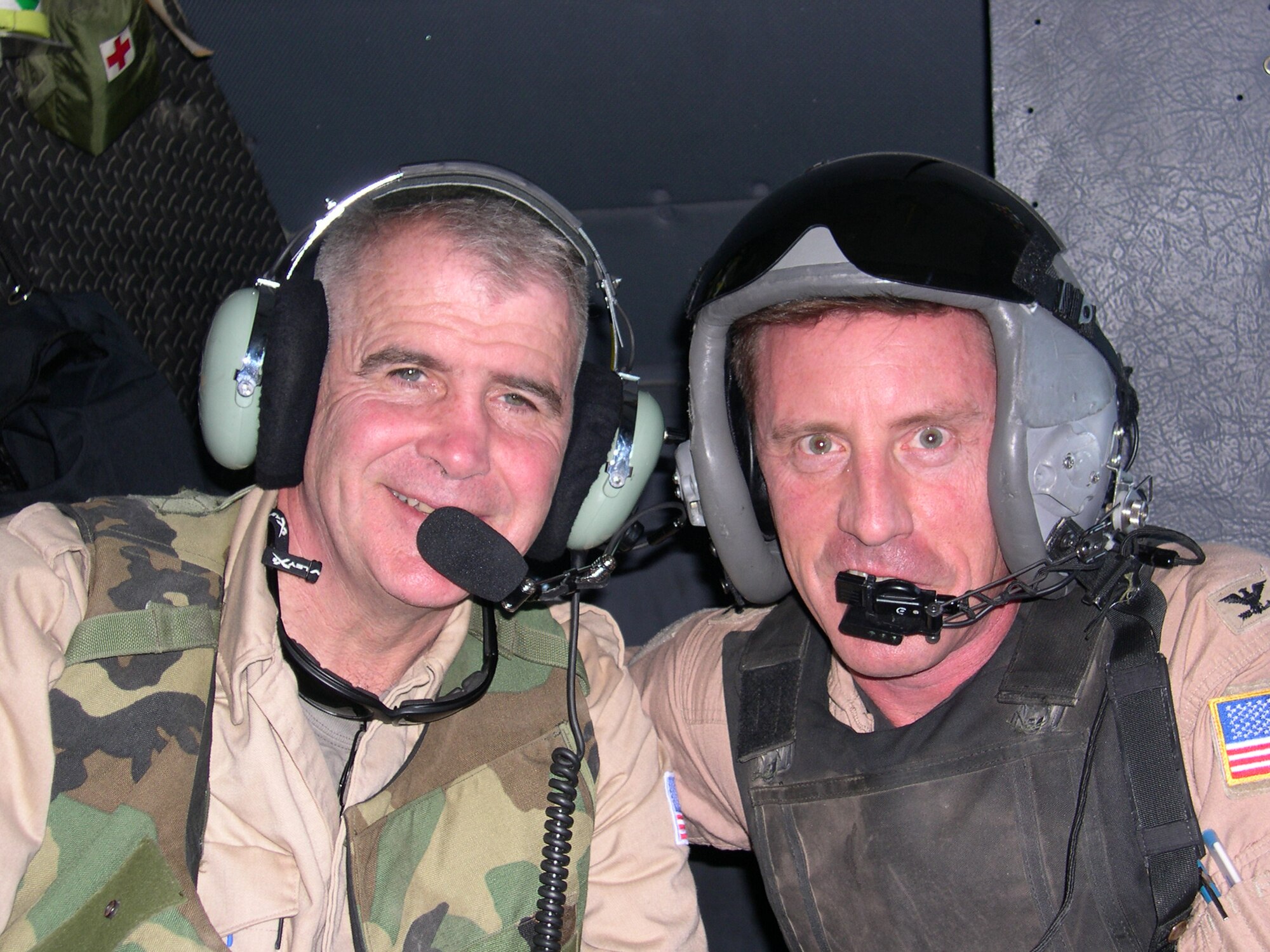 Bronze Star recipient, Col. William O’Donnell (right), 3rd Air Force-United Kingdom Chief of Staff, joins Oliver North for a photo during their deployment to Ali Al Salem from December 2003 to April 2004. Colonel O’Donnell was the 386th Air Expeditionary Group commander at the deployed location where he oversaw the operations and logistics for 26 C-130s and the 400 men and women who supported their mission. Maj. Gen. Paul Fletcher, 3rd AF-UK commander, awarded Colonel O’Donnell the Bronze Star in a ceremony at the 3rd AF headquarters building Friday. (Courtesy photo)

