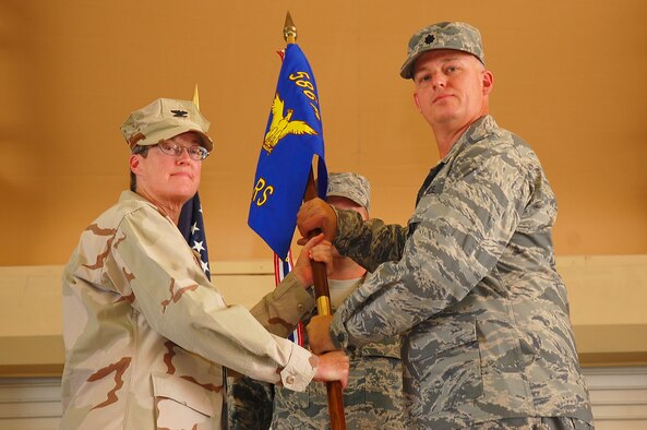 SOUTHWEST ASIA -- 586th Expeditionary Logistics Readiness Squadron change of command. Lt. Col. Kevin Sampels assumed command of the squadron from Lt. Col. Daryl Cunningham at an undisclosed location Sept. 28. (U.S. Air Force photo by Staff Sgt. Tia Schroeder)