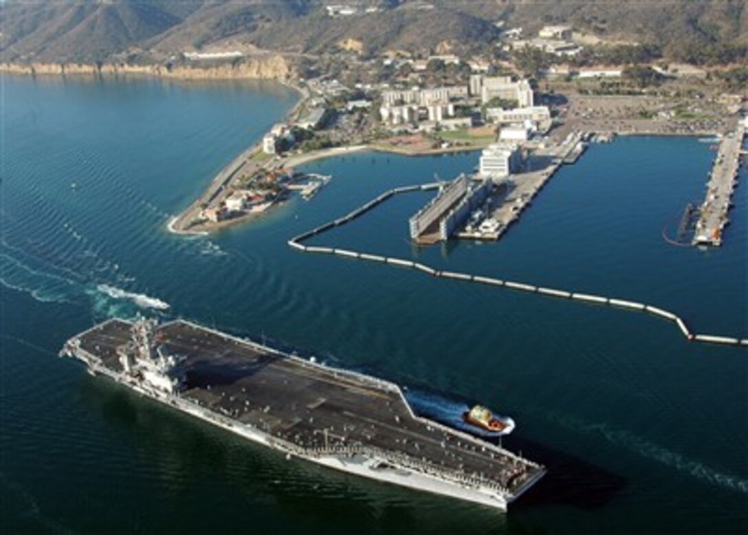 The nuclear-powered aircraft carrier USS Nimitz (CVN 68) passes Naval Base Point Loma, Calif., while returning home to San Diego, Calif., on Sept. 30, 2007, following a six-month deployment.  