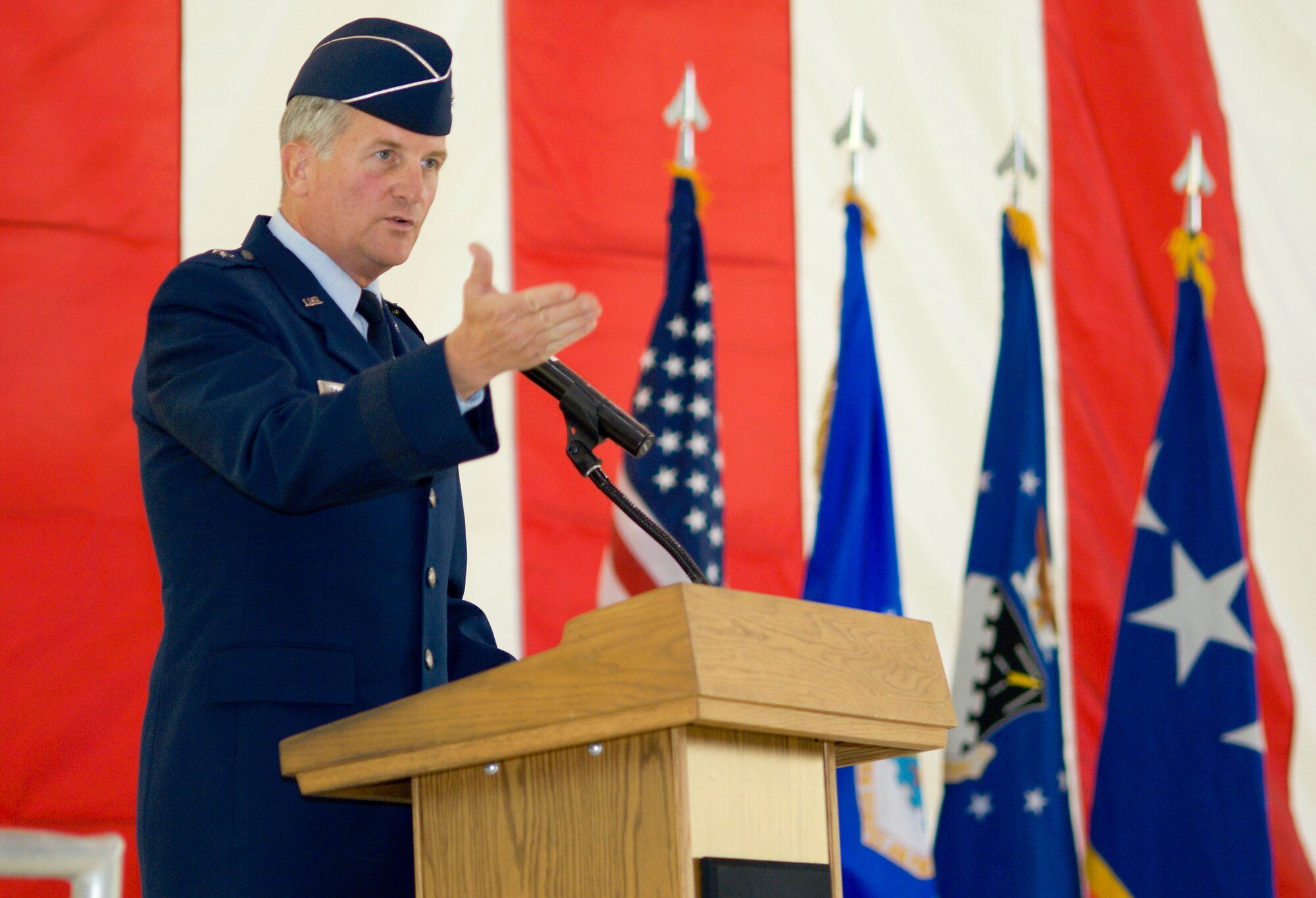 Brig. Gen. David Eichhorn, Air Force Flight Test Center commander, addresses the audience during his change of command ceremony at hangar 1600 on Wednesday. General Eichhorn assumed command from Maj. Gen. Curtis Bedke. (Photo by Mike Cassidy)