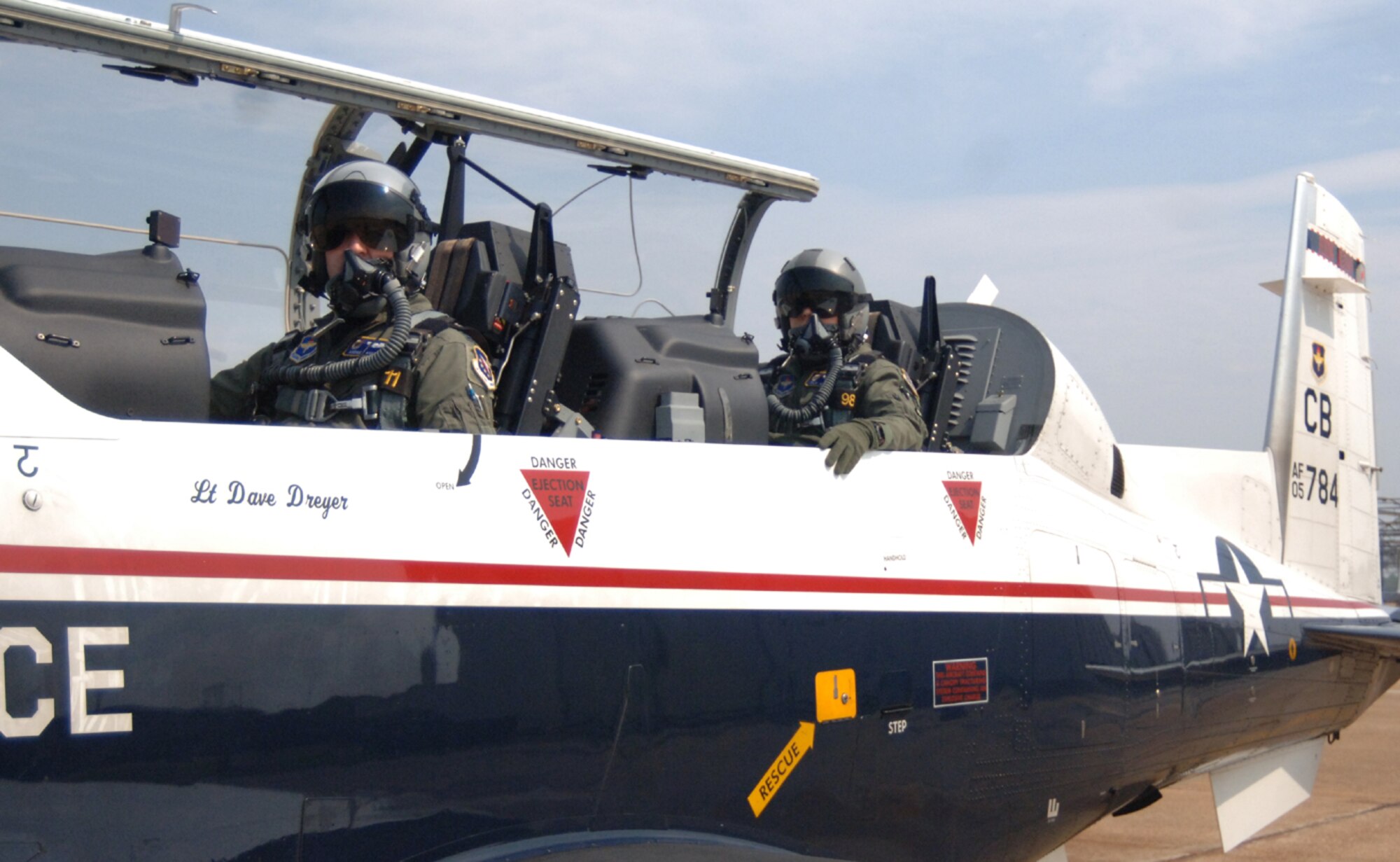 Capt. Andrew Krebs and 2nd Lt. Zachary Johnson, both of the 41st Flying Training Squadron, flew the last T-6 sortie Sept. 27 to close out the 14th Flying Training Wing Fiscal Year 2007 flying hour program. (U.S. Air Force photo by Airman 1st Class Danielle Powell)
