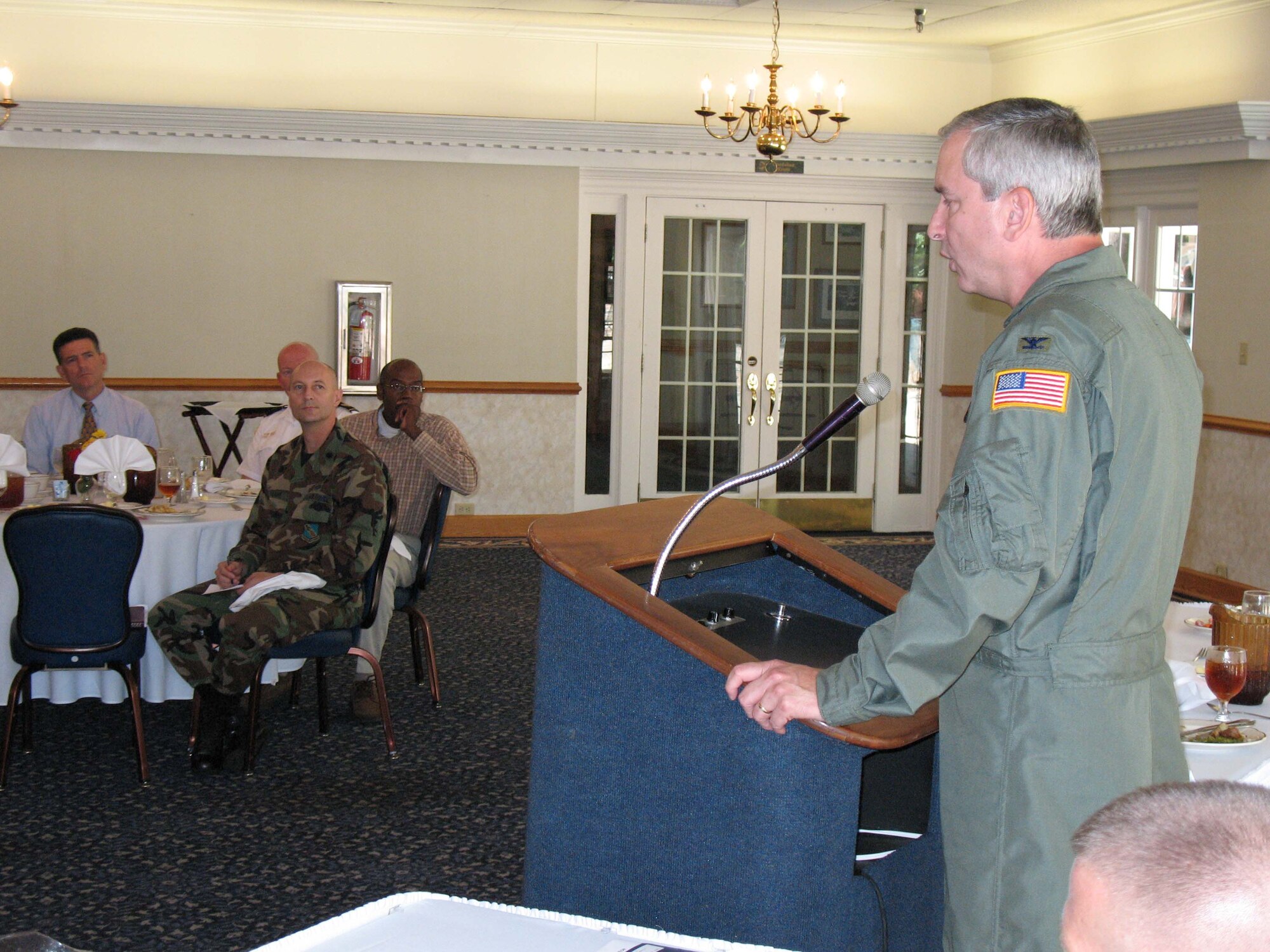 SEYMOUR JOHNSON AIR FORCE BASE, N.C. -- Col. Fritz Linsenmeyer, commander of the 916th Air Refueling Wing, Air Force Reserve, addresses membership of the Wayne County commuity during the bi-monthly base community council luncheon in late September. 

The Base Community Council includes representatives from the city, county and base to maintain continuous working partnerships between the military and the citizens of Goldsboro and Wayne County.  Membership consists of 25 community and 22 senior Air Force representatives.  The BCC encourages every major phase of community living and contributes to the mutual adjustment and benefit of the military and civilian neighbors.  Meetings are held third Thursday of every other month while alternating hosting the luncheon between the county, base and city.  The 4th Fighter Wing commander,916th commander, mayor of Goldsboro and chairman of the Wayne County Board of Commissioners serve as permanent co-chairmen and address the group at each meeting.  
