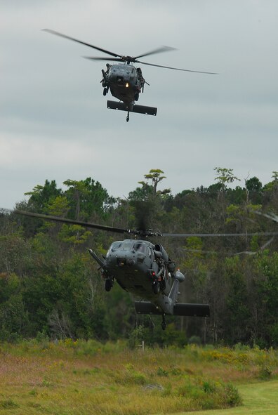 MOODY AIR FORCE BASE, Ga. -- Two HH-60G Pave Hawks from the 41st Rescue Squadron approach a landing zone during a combat search and rescue demonstration here Oct. 4. The primary role of the HH-60G is to conduct day or night CSAR operations into hostile environments to recover downed aircrew or other isolated personnel during war. (U.S. Air Force Photo by Tech. Sgt. Parker Gyokeres)