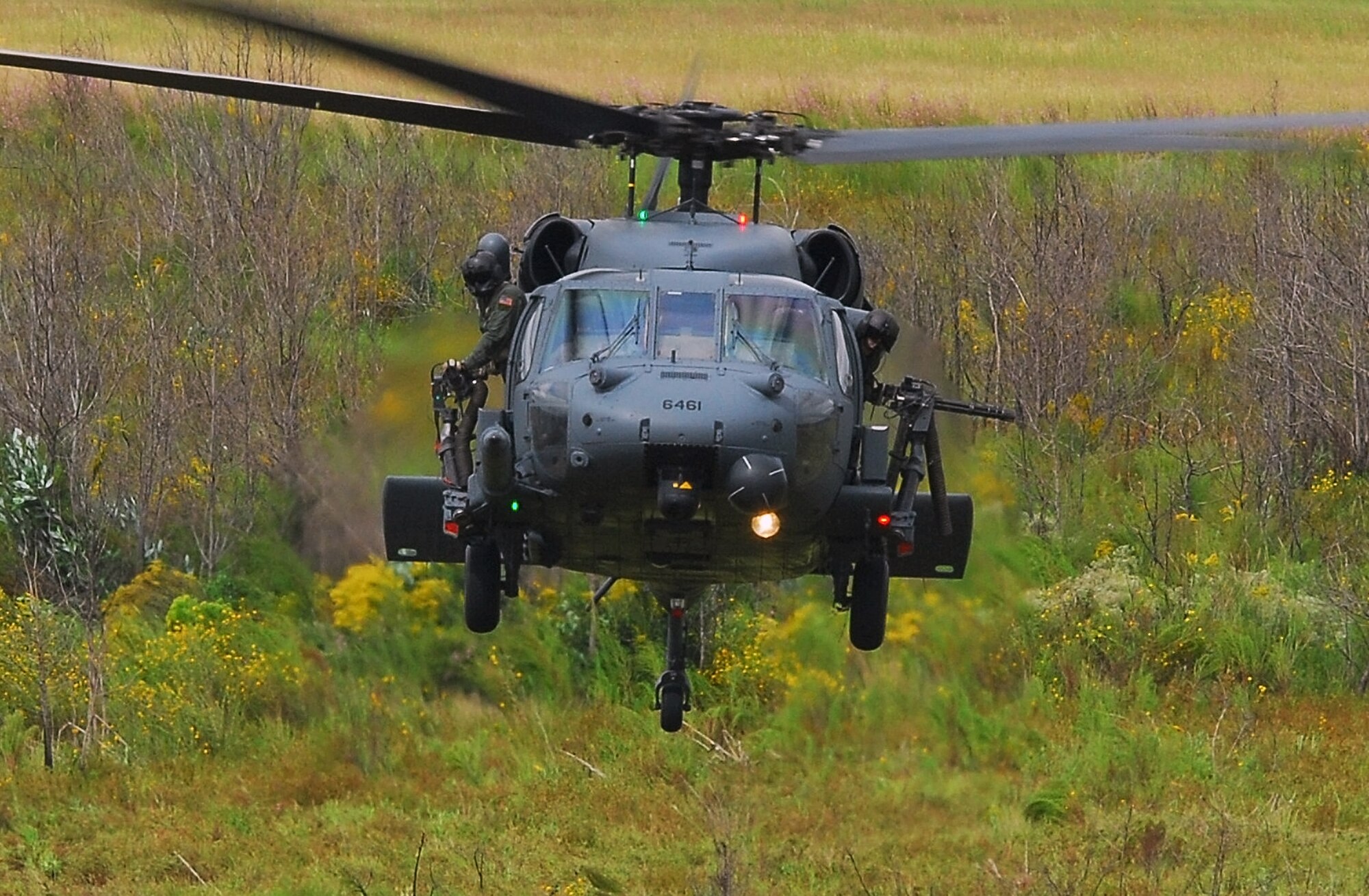 MOODY AIR FORCE BASE, Ga. -- An HH-60G Pave Hawk from the 41st Rescue Squadron hovers during a combat search and rescue demonstration here Oct. 4. The primary role of the HH-60G is to conduct day or night CSAR operations into hostile environments to recover downed aircrew or other isolated military members during war. (U.S. Air Force photo by Tech. Sgt. Parker Gyokeres)