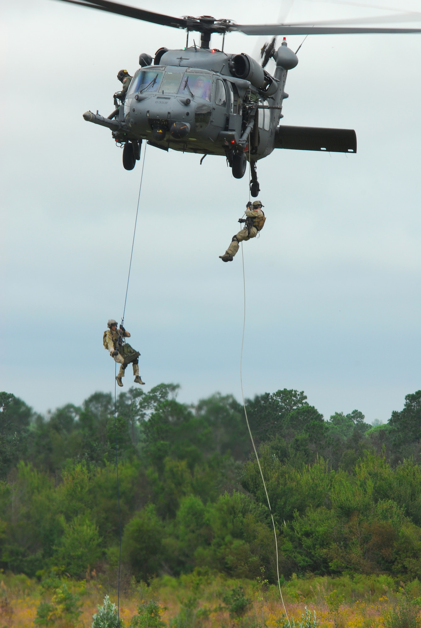 MOODY AIR FORCE BASE, Ga. -- Two pararescuemen from the 38th Rescue Squadron rappel from an HH-60G Pave Hawk to retrieve a simulated downed aviator during a combat search and rescue demonstration here Oct. 4. (U.S. Air Force photo by Tech. Sgt. Parker Gyokeres)