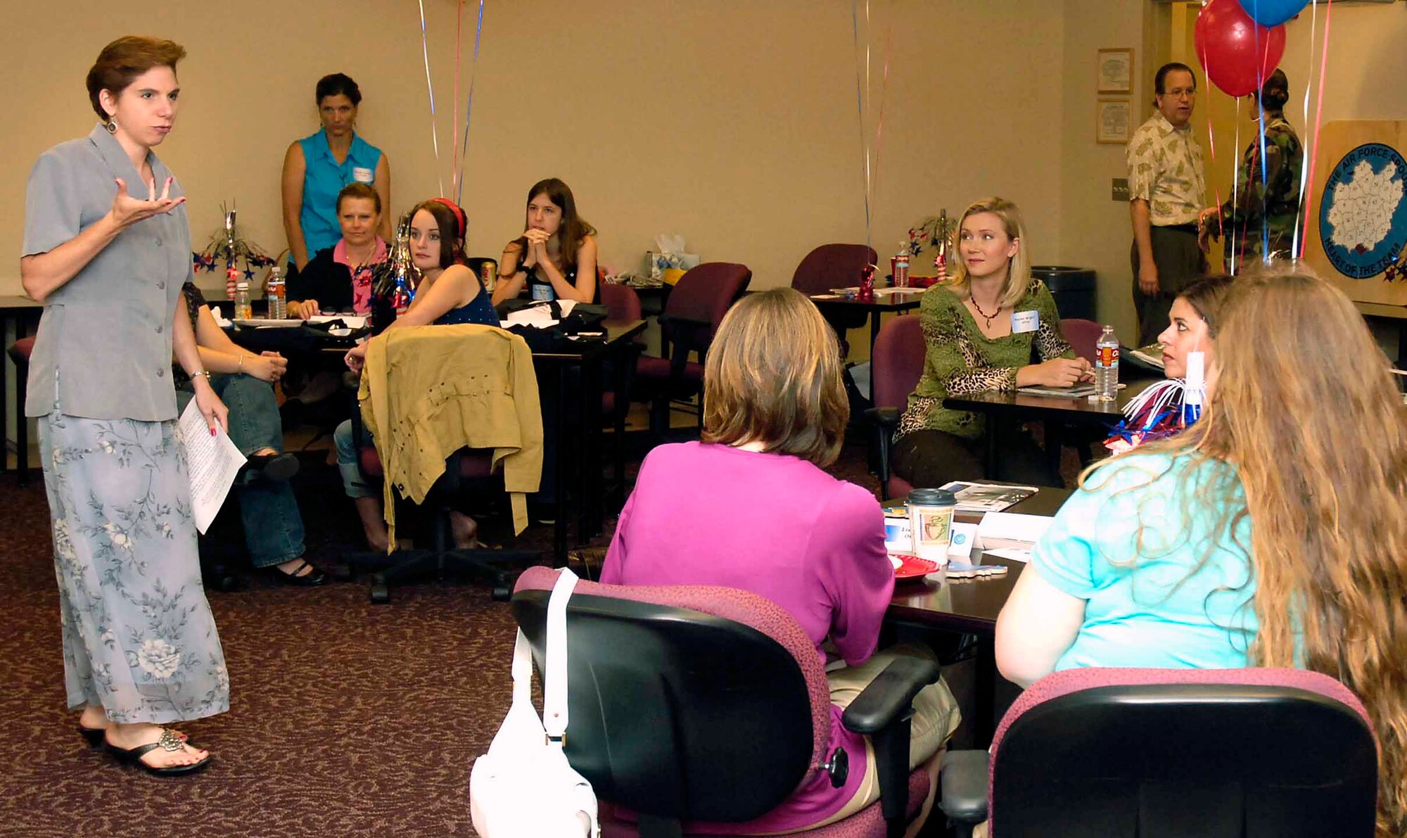Family Support Center Director Jane Allen welcomes spouses to the July Heartlink program. The next event is set for 9 a.m. to 2 p.m. Oct. 23 at the Family Support Center. For more details, call 739-2747. (Air Force photo)