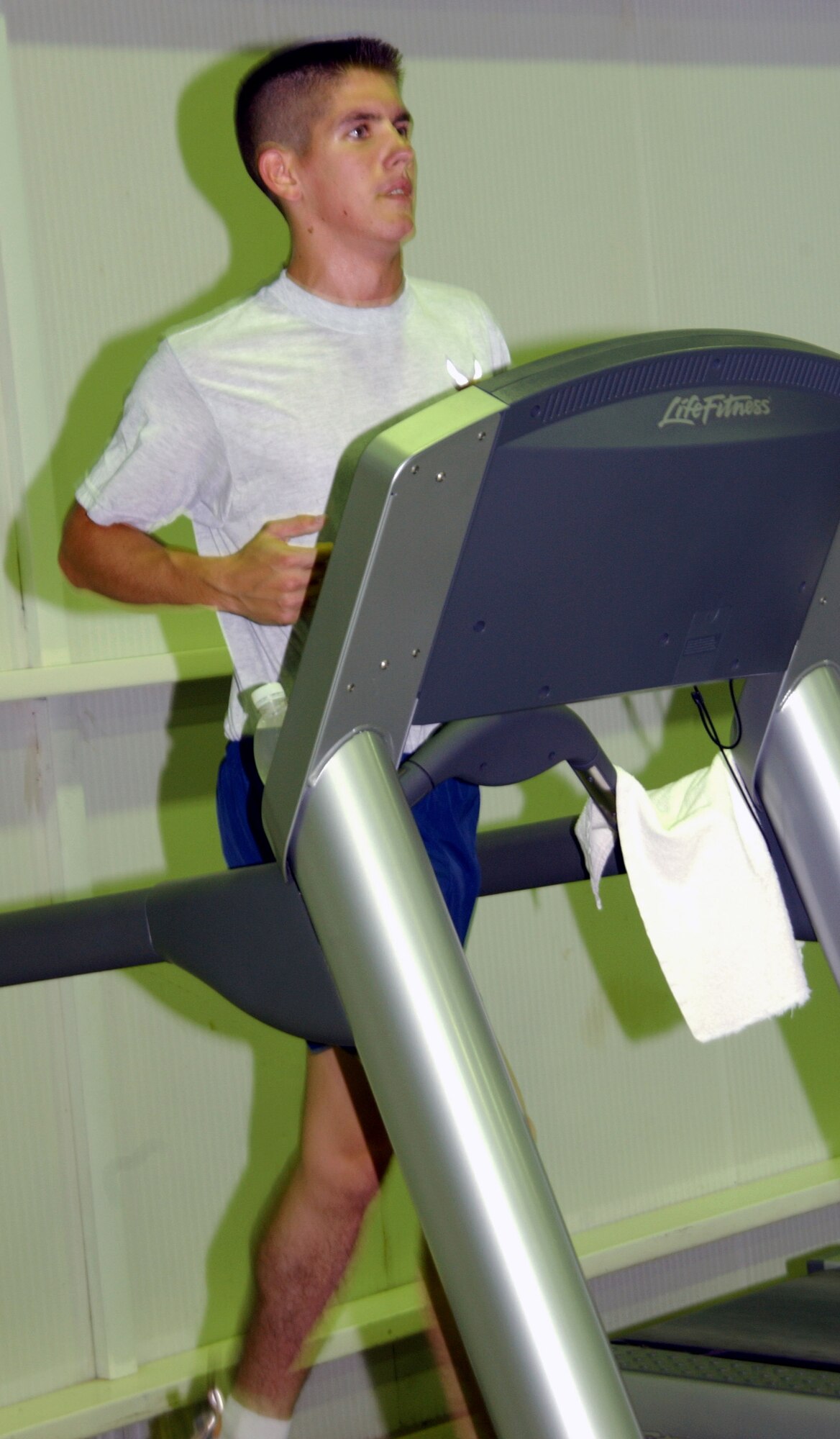 Senior Airman Brendan Brustad practices at Balad Fitness Center for a 100-mile run scheduled for Arkansas October 6 to 7. Airman Brustad is a medical technician deployed with the 332nd Expeditionary Medical Group deployed in support of Operation Iraqi Freedom from Altus Air Force Base, Okla. (U.S. Air Force photo/Senior Airman Olufemi A. Owolabi) 
