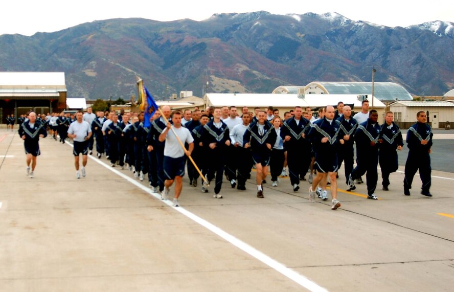 388th Fighter Wing members participate in the wing run for Safety Day Sept. 28. The 1.5 mile run is completed on the flightline.