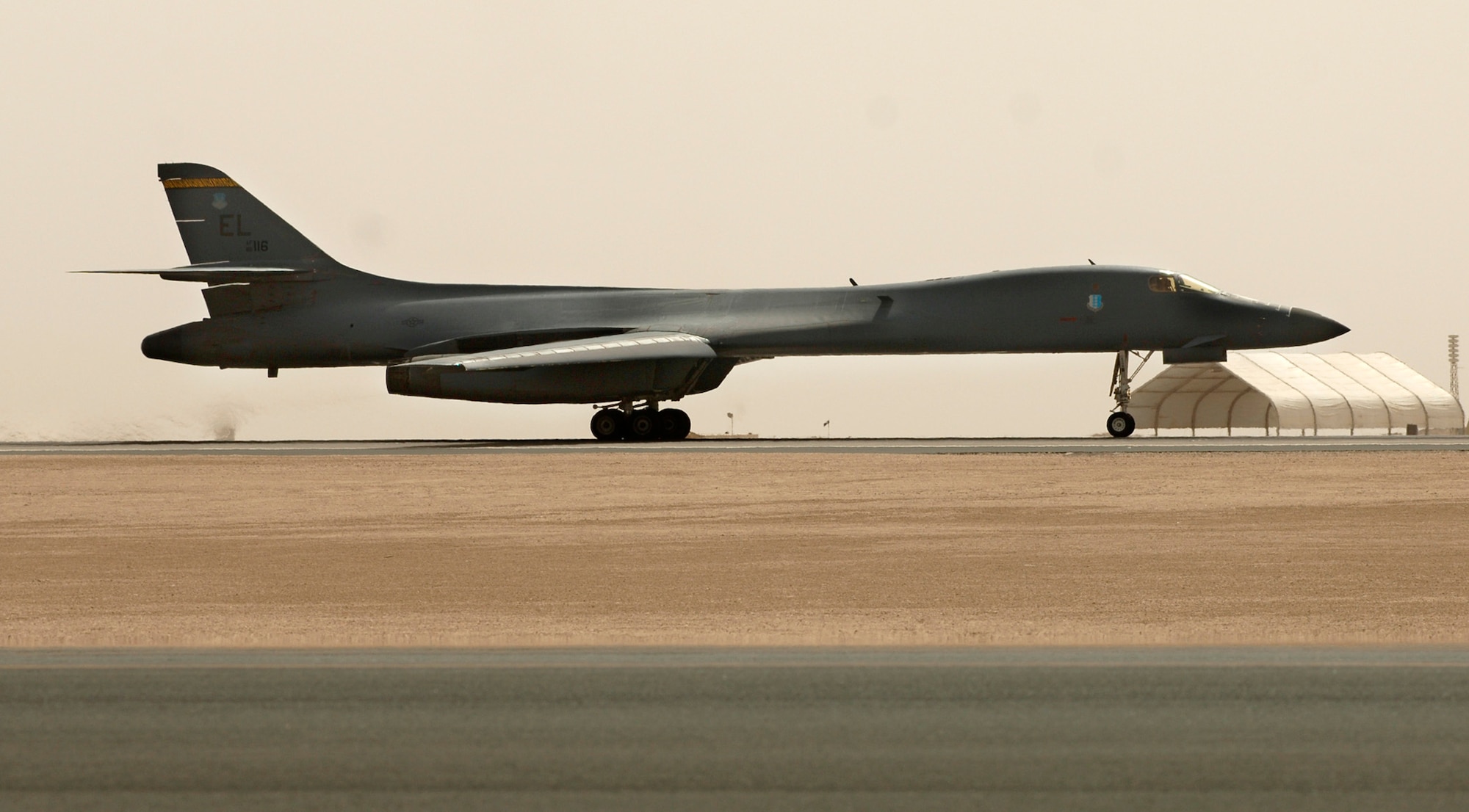 A B1-B Lancer prepares to take off and provide a show of force for coalition forces near Ad Diwaniyah.  The on-scene joint terminal attack controller confirmed the show of force was successful.  (U. S. Air Force photo/Tech. Sgt. Cecilio M. Ricardo Jr.) 

