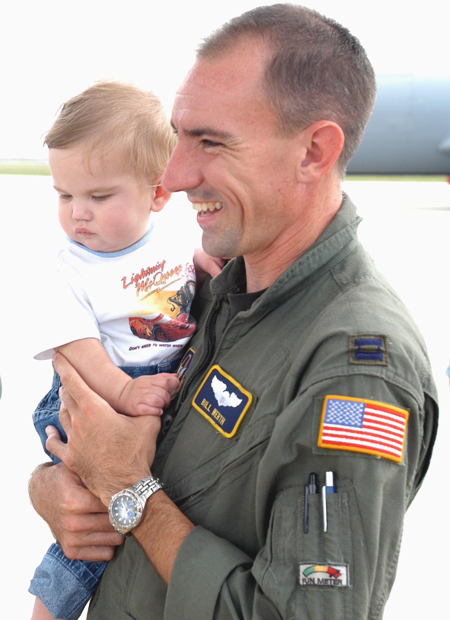 GRISSOM AIR RESERVE BASE, Ind., -- Capt. Billy Werth, a pilot with the 72nd Air Refueling Squadron, made a new friend while giving a tour of a KC-135R Stratotanker recently.  Base tours are an important part of Grissom's community outreach program and help members of the public understand the base's impact on national defense and the Indiana economy.  (U.S. Air Force photo/ SrA Carl Berry