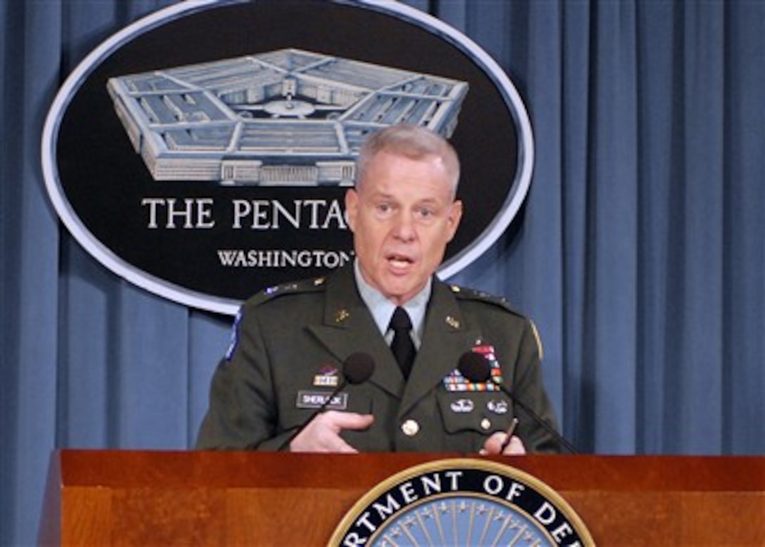 Joint Staff Director for Operational Planning Maj. Gen. Richard Sherlock responds to a reporter's question during a press briefing in the Pentagon on Oct. 4, 2007.  