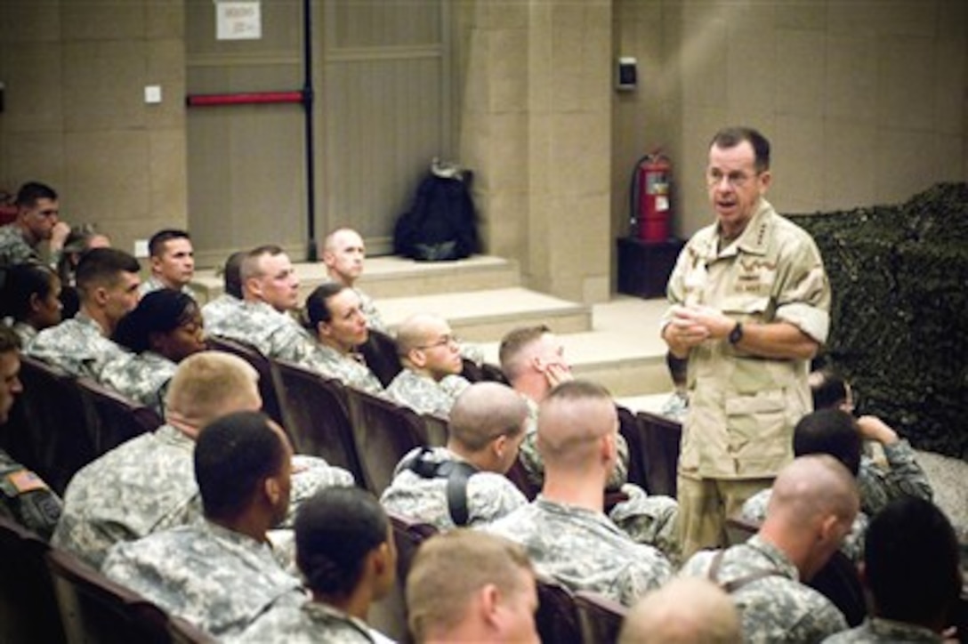 Chairman of the Joint Chiefs of Staff, Navy Adm. Mike Mullen holds an all-hands call with members of the 25th Infantry Division deployed to Forward Operating Base Speicher, in Iraq, Oct. 4, 2007. 