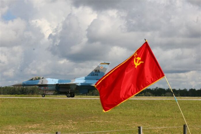 An F-16 Fighting Falcon assigned to the 64th Aggressors Squadron here taxis down the runway at Eglin Air Force Base during the Aggressors "roadshow" in September.  This is the first "roadshow" the Aggressors have held in more than four years.