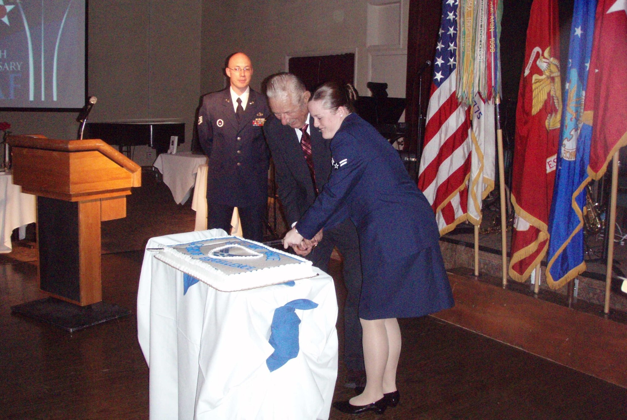 Cutting the cake at the 314th Training Squadron Air Force Ball are retired Master Sgt. Nicholas Chizewski, who enlisted in the AIr Force May 8, 1948, and Airman First Class Elizabeth Steveson, who enlisted Sept. 11, 2006. (Courtesy photo)