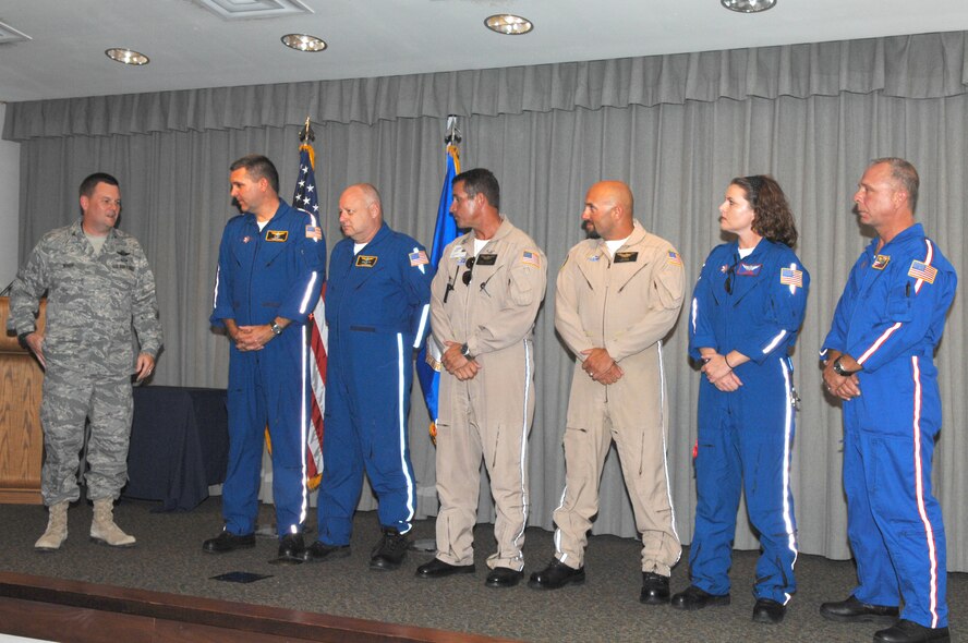 Colonel Marshal Webb, Wing Commander 1st Special Operations Wing, personally thanks the paramedic team that came to the 20th Special Operations Squadrons aide during a recent MH-53 Pave Low accident, Hurlburt Field, Sept 28, 2007. The team was invited to the 20th SOS to be honored and sincerely thanked for their timeliness and accuracy.  
(USAF photo by Senior Airman Stephanie Jacobs) (Released)
