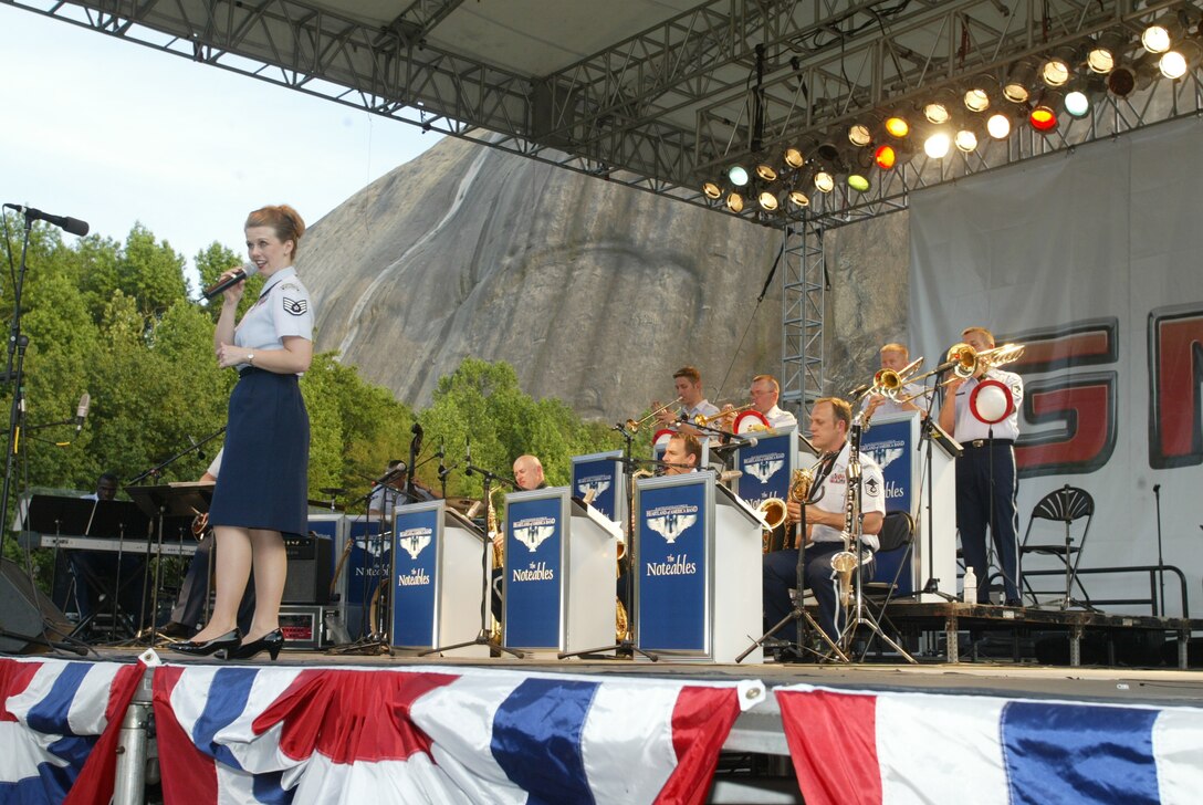 SSgt Krista Joyce, vocalist with The Noteables jazz ensemble, sang beautifully before a crowd numbering in the tens of thousands as part of the Salute to the Troops extravaganza at Stone Mountain, Georgia over the Memorial Day weekend.  The Noteables is a part of the USAF Heartland of America Band.