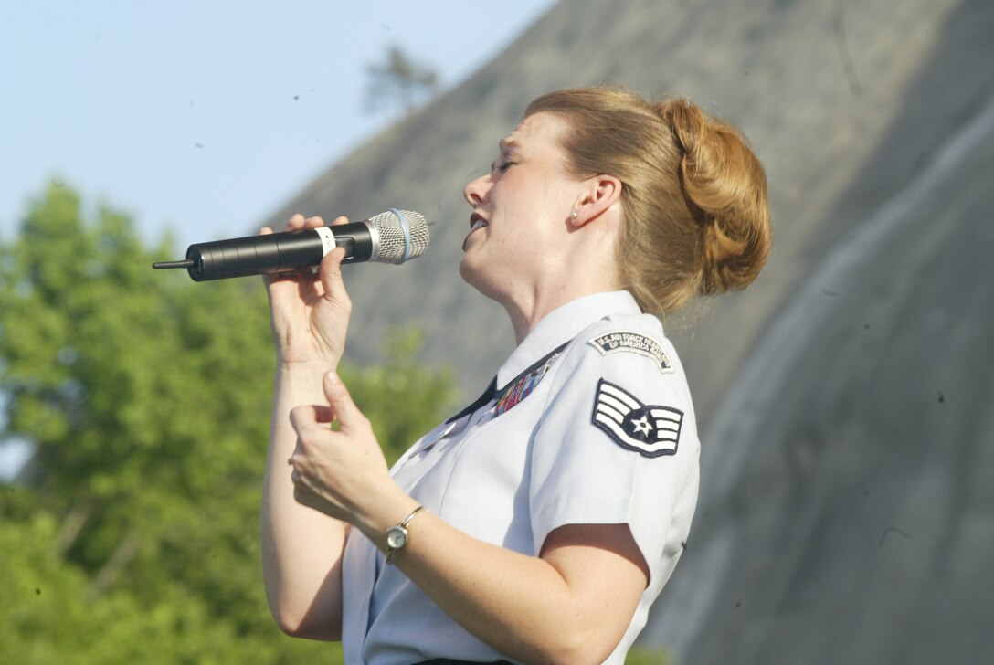 SSgt Krista Joyce, vocalist with The Noteables jazz ensemble, sang beautifully before a crowd numbering in the tens of thousands as part of the Salute to the Troops extravaganza at Stone Mountain, Georgia over the Memorial Day. The Noteables is part of the USAF Heartland of America Band.
