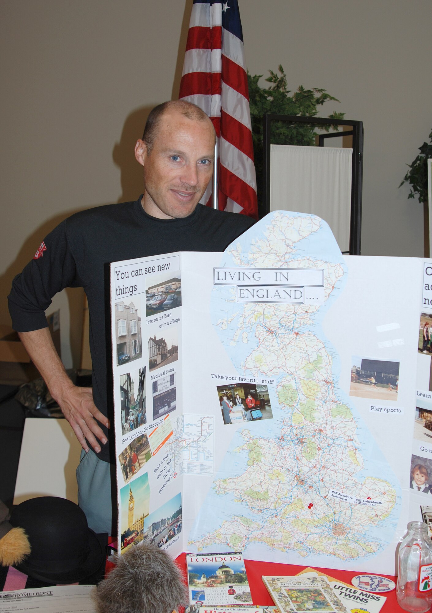 Capt. Roger Lee, 22nd Aero Medical Dental Squadron sets up a display about England Sept 29, at the International Fair held at the Youth Center. Captain Lee is native to Liverpool, England and provided insight to the norms and common curtsies found throughout the countries of the United Kingdom.(photo by Airman 1st Class Jessica Lockoski)
 
