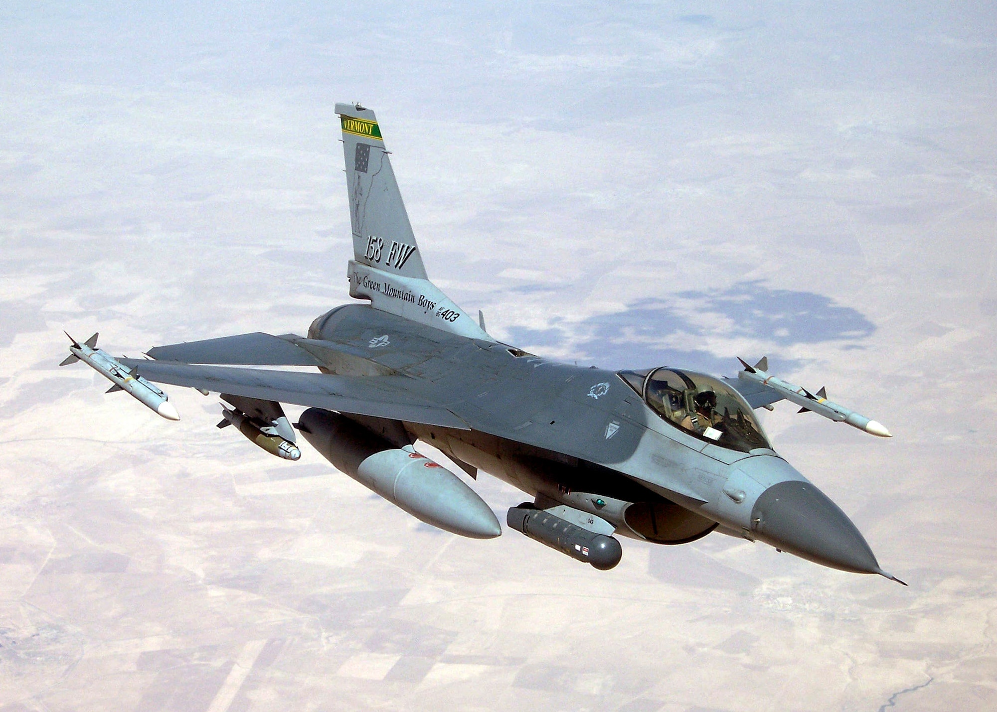 An F-16 from the Vermont Air National Guard's 158th Fighter Wing provides close air support to coalition forces supporting Operation Iraqi Freedom.  (U.S. Air Force Photo/Tech. Sgt. Thomas Ireland)