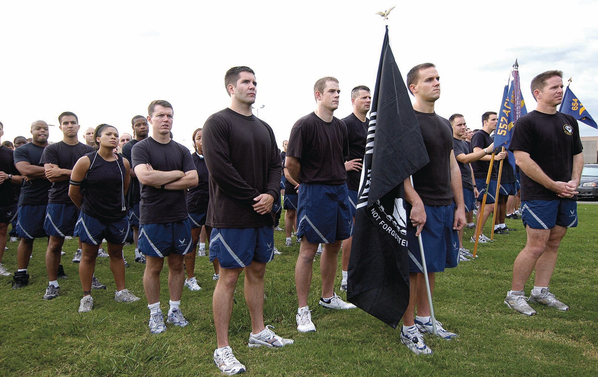 Runners listed to retired Col. Leroy Stutz, former prisoner of war, speak after the run. (Air Force photo by Margo Wright)