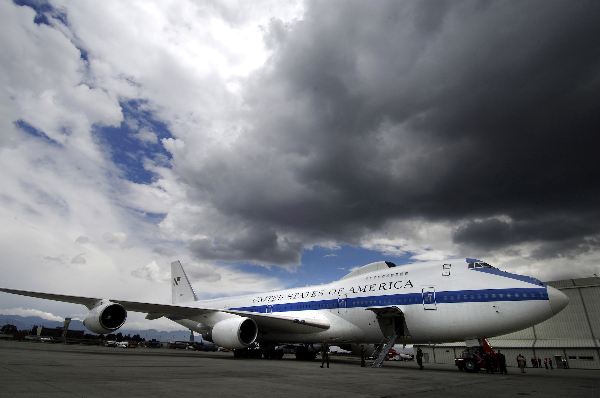 An Air Force E-4B National Airborne Operations Center aircraft sits at the international airport in Bogota,Colombia Oct. 3, waiting for Secretary of Defense Robert M. Gates.  U.S. Air Force photo/Tech. Sgt. Jerry Morrison) 