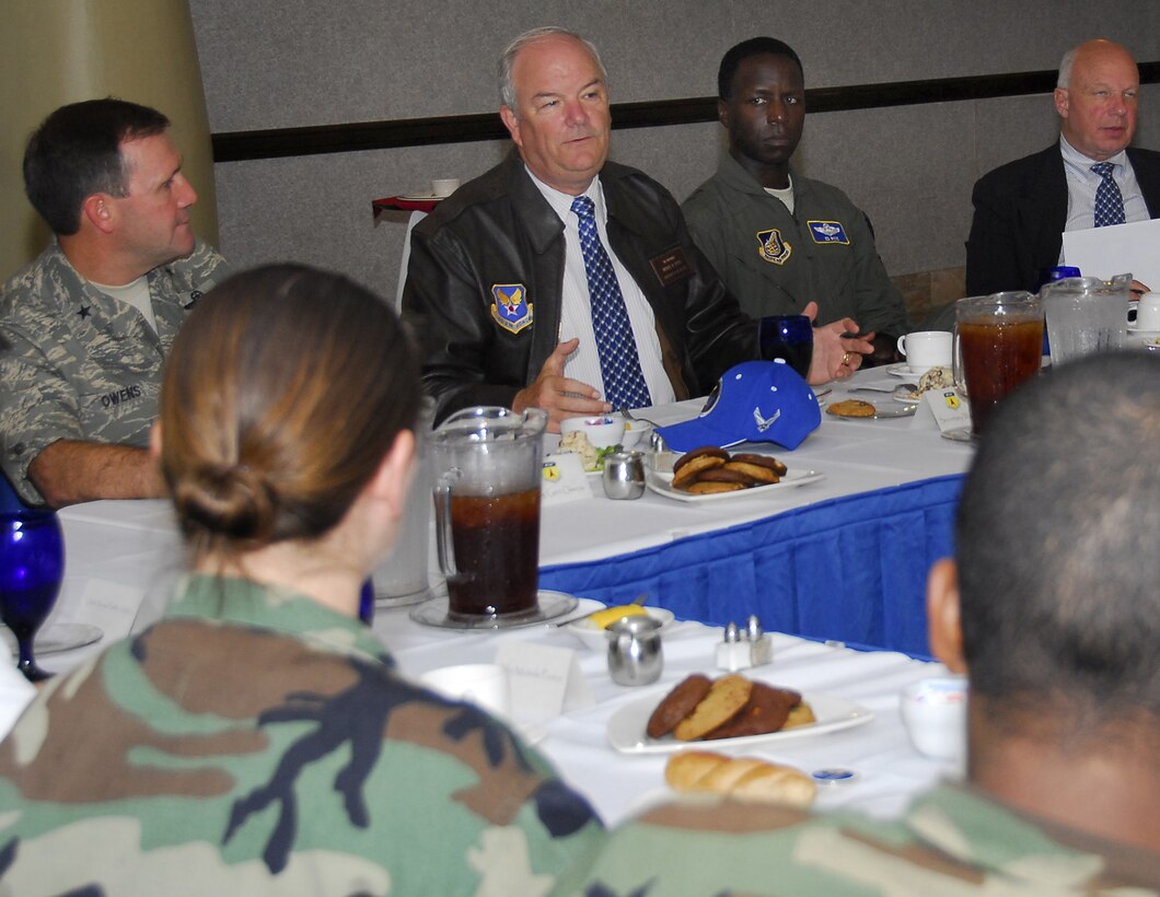 Secretary of the Air Force Michael W. Wyne addresses Andersen Airmen at a luncheon held in his honor. Andersen AFB was the first stop in Secretary Wyne's tour of the U.S. Bases in the Pacific Air Force. (U.S. Air Force photo/Airman 1st Class Daniel Owen)