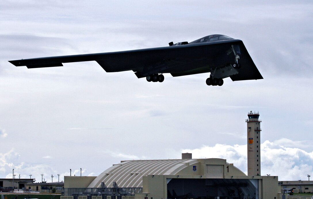 This B-2 Spirit is landing here and officially begins its deployment to the Western Pacific. These stealth bombers are part of the continued bomber presence here and are aimed at enhancing regional security while dissuading and deterring any potential aggressor to the U.S. or its allies. (Air Force Photo/Senior Master Sgt. Mahmoud Rasouliyan)