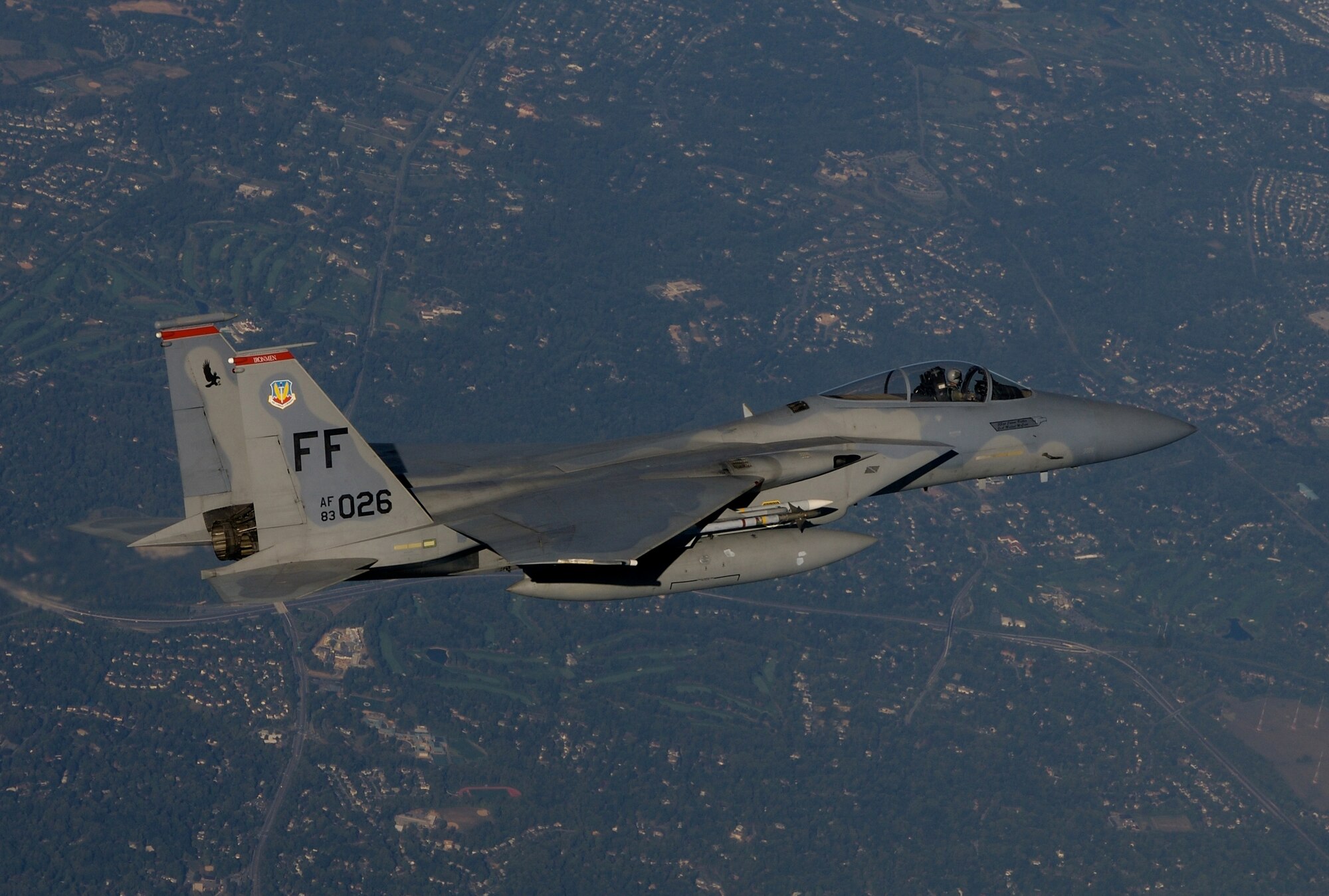LANGLEY AIR FORCE BASE, Va. -- Capt. Matt Buckner, an F-15 Eagle pilot assigned to the 71st Fighter Squadron here, flies a combat air patrol mission in support of Operation Noble Eagle over Washington, D.C., Oct. 7. (U.S. Air Force photo/Staff Sgt. Samuel Rogers)