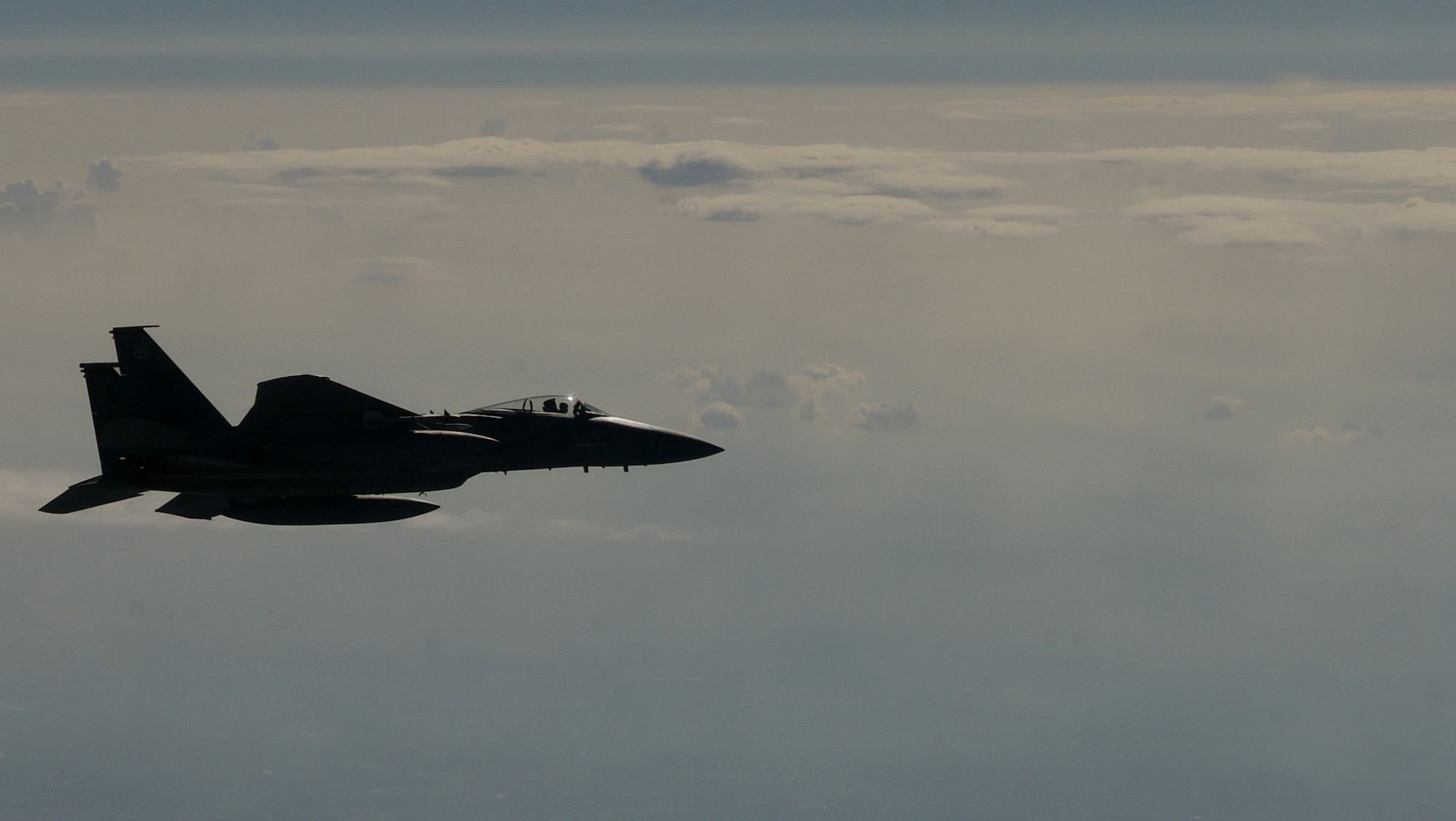 LANGLEY AIR FORCE BASE, Va. -- Capt. Matt Buckner, an F-15 Eagle pilot assigned to the 71st Fighter Squadron here, flies a combat air patrol mission in support of Operation Noble Eagle over Washington, D.C., Oct. 7. (U.S. Air Force photo/Staff Sgt. Samuel Rogers)