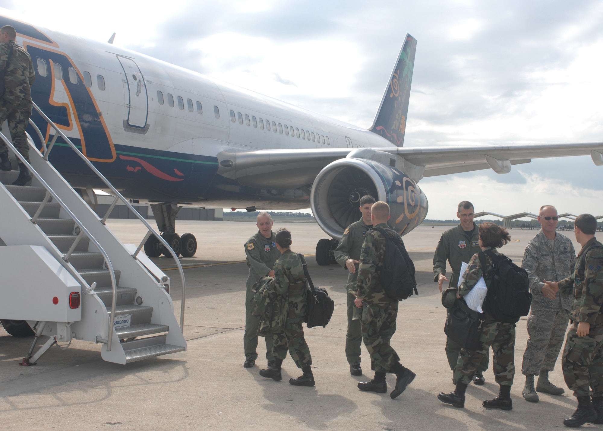 WHITEMAN AIR FORCE BASE, Mo. – Members of the 509th Bomb Wing receive farewells from members of the wing command section prior to their deployment Oct. 7 in support of the continued bomber presence at Andersen Air Force Base, Guam.(U.S. Air Force photo/Tech. Sgt. Samuel A. Park)