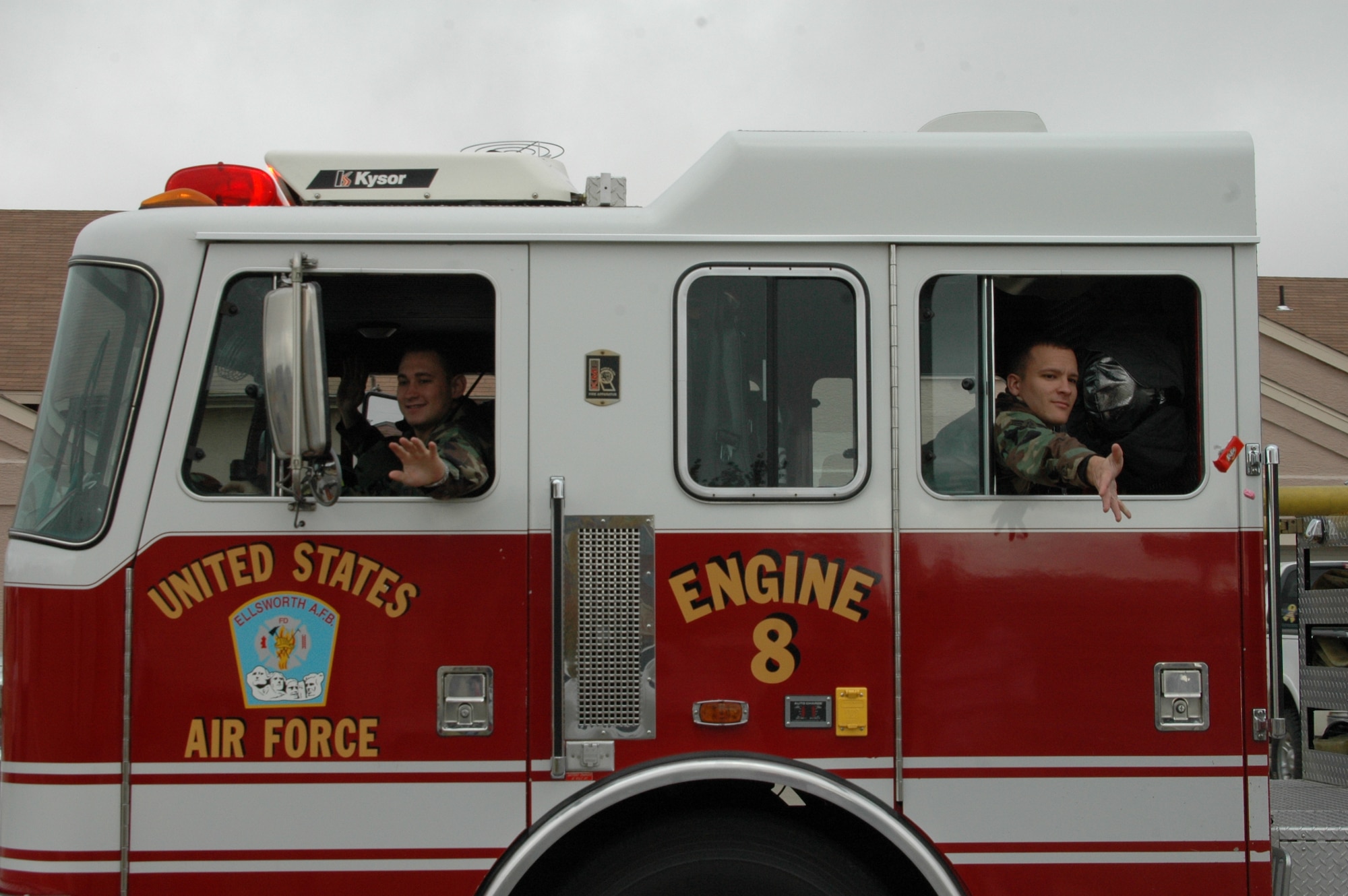 Ellsworth Firefighters throw candy to the crowd that came out for the Fire Prevention Week Parade. The parade was followed by an open house at the Fire Department. This year's theme is Practice your Escape Plan.
(U.S. Air Force photo/Airman 1st Class Kimberly Moore Limrick)