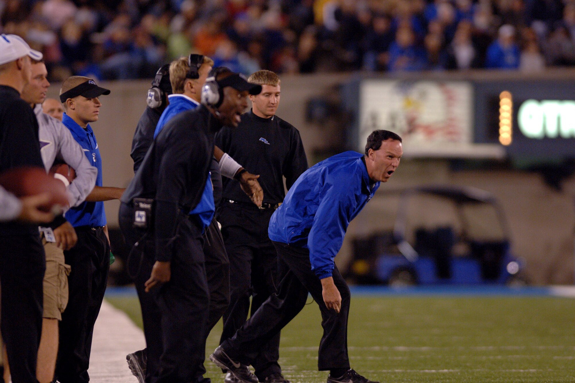 Air Force head coach Troy Calhoun emphasizes a point from the sideline during the Falcons 31-14 victory over UNLV Oct. 6 at Falcon Stadium. The first-year coach has guided the bluesuiters to 4-2 overall and 3-1 Mountain West Conference records in 2007. (U.S. Air Force photo/Dave Armer) 
