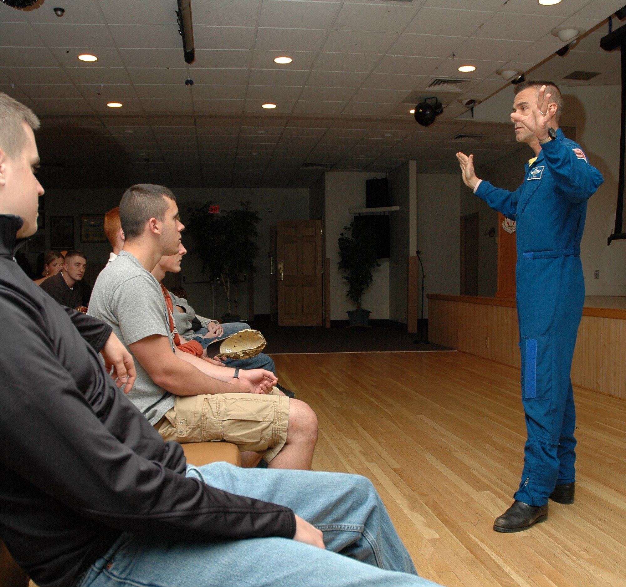 Duane "Digger" Carey, former NASA astronaut and retired U.S. Air Force lieutenant colonel, speaks with security forces Airmen at Malmstrom Oct. 4 about the importance of space exploration and the importance of earning college degrees. (U.S. Air Force photo/Airman 1st Class Dillon White)