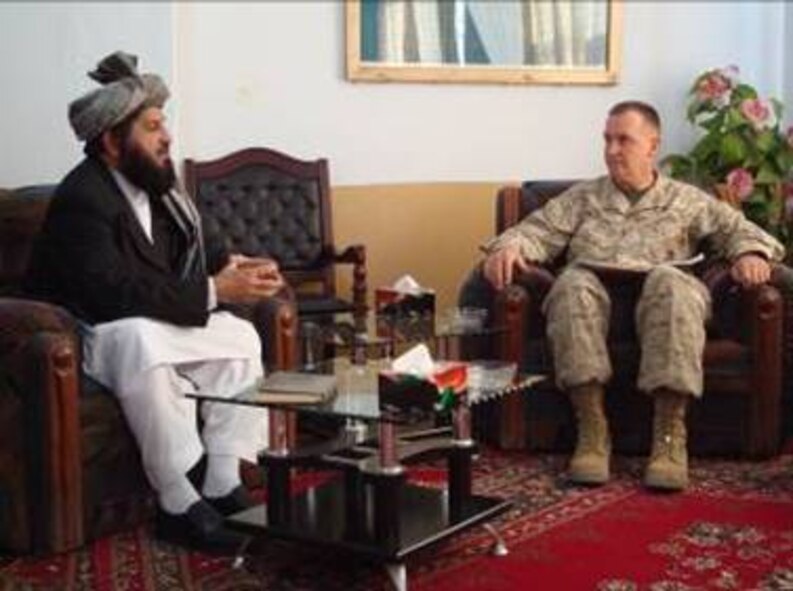 Zabul Province Governor Delbar Jan Arman meets with Joint Chiefs Strategic Plans and Policy Director Lt. Gen. John Sattler on Oct. 9—the sixth anniversary of the U.S.-led invasion against the Taliban—about the future of this southern province of Afghanistan.  (Air Force photo by Capt. Bob Everdeen)