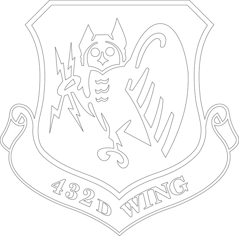 432d Wing Shield (Black & White).  Image provided by the Institute of Heraldry. In accordance with Chapter 3 of AFI 84-105, commercial reproduction of this emblem is NOT permitted without the permission of the proponent organizational/unit commander. The image was created by Andy Yacenda of the Air Force News Agency and is 7x7 inches @ 300 dpi.