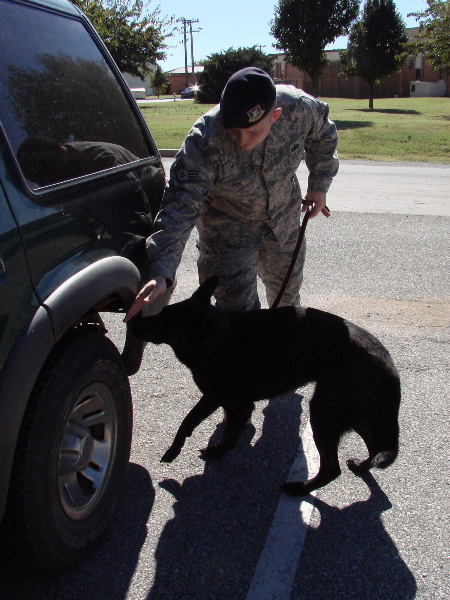 Cini, a 4 year old German Shepherd, sniffs out potassium chlorate during drug detection training with Staff Sgt. Jonathan Hein, 71st Security Forces Squadron Military Working Dog handler. Cini is trained on nine different drug scents and  demonstrate her skills during the National Police Canine Association’s 2007 National Training Seminar and Competition Oct. 15-20 at Vance Air Force Base. (U.S. Air Force photo by Tech. Sgt. Mary Davis)