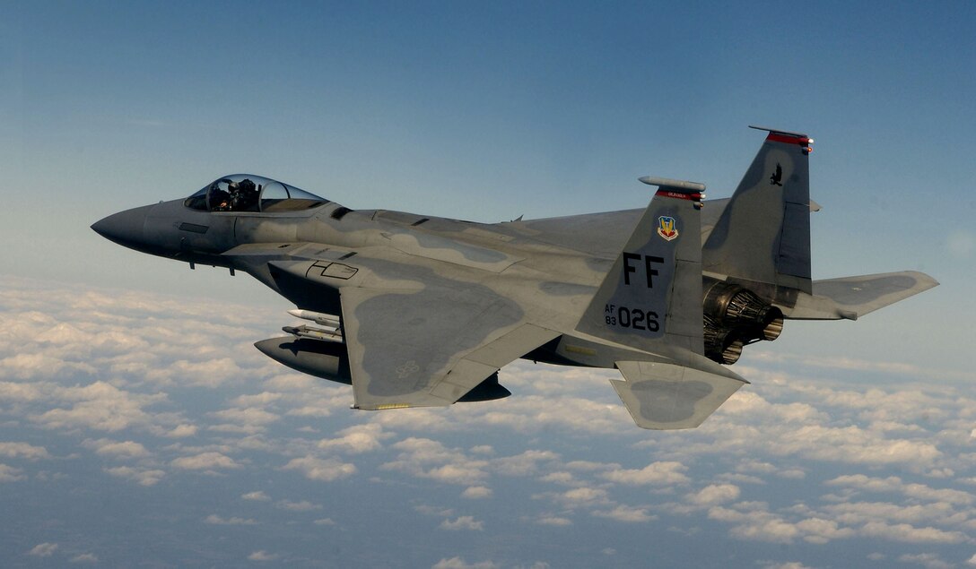 Capt. Matt Buckner, an F-15 Eagle pilot assigned to the 71st Fighter Squadron at Langley Air Force Base, Va., flies a combat air patrol mission Oct. 7 over Washington, D.C., in support of Operation Noble Eagle. (U.S. Air Force photo/Staff Sgt. Samuel Rogers)