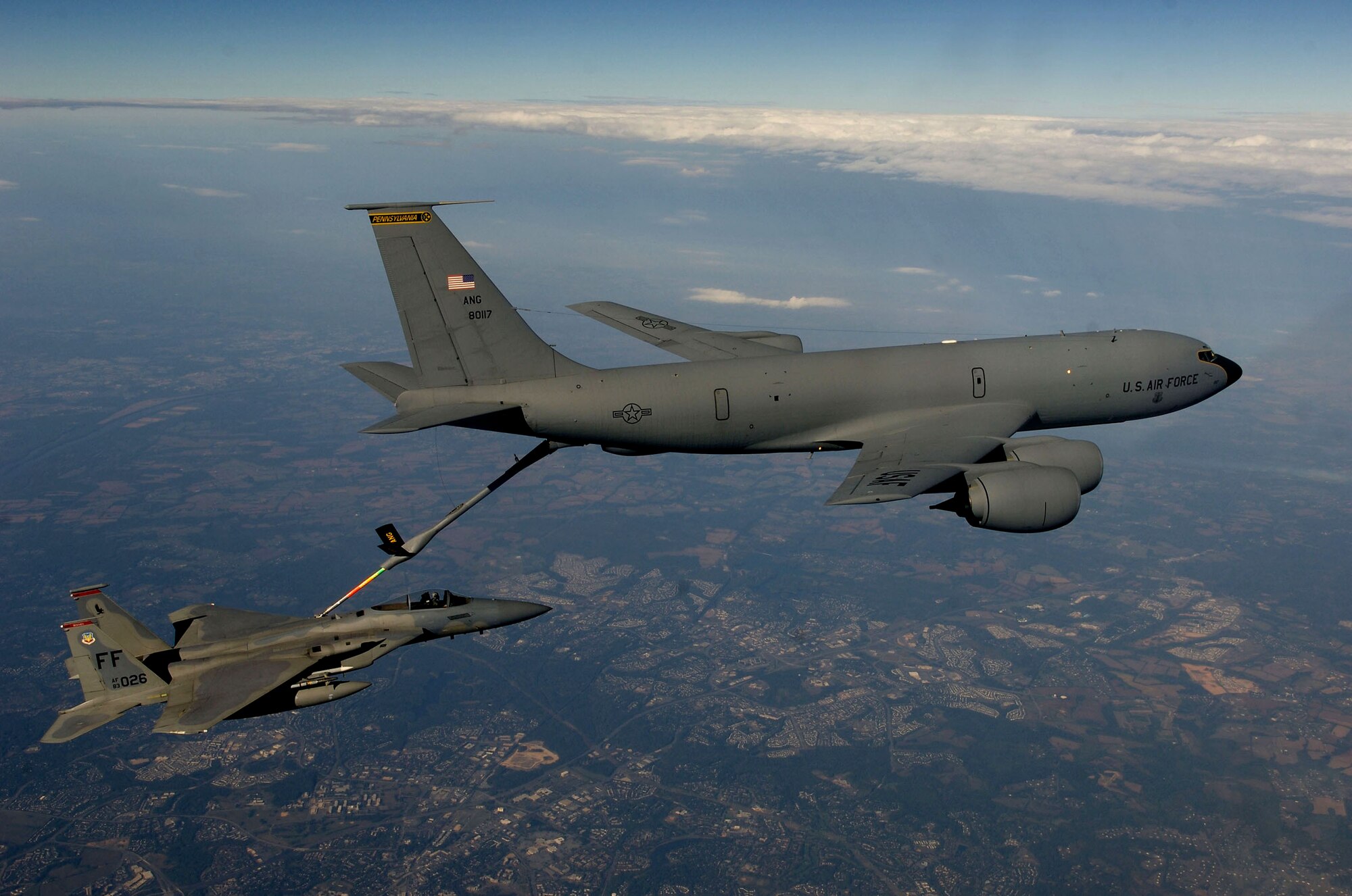 Capt. Matt Buckner, an F-15 Eagle pilot assigned to the 71st Fighter Squadron at Langley Air Force Base, Va., receives fuel from a KC-135 Stratotanker assigned to the Pennsylvania Air National Guard's 171st Air Refueling Wing during a combat air patrol mission Oct. 7 over Washington, D.C., in support of Operation Noble Eagle. (U.S. Air Force photo/Staff Sgt. Samuel Rogers)