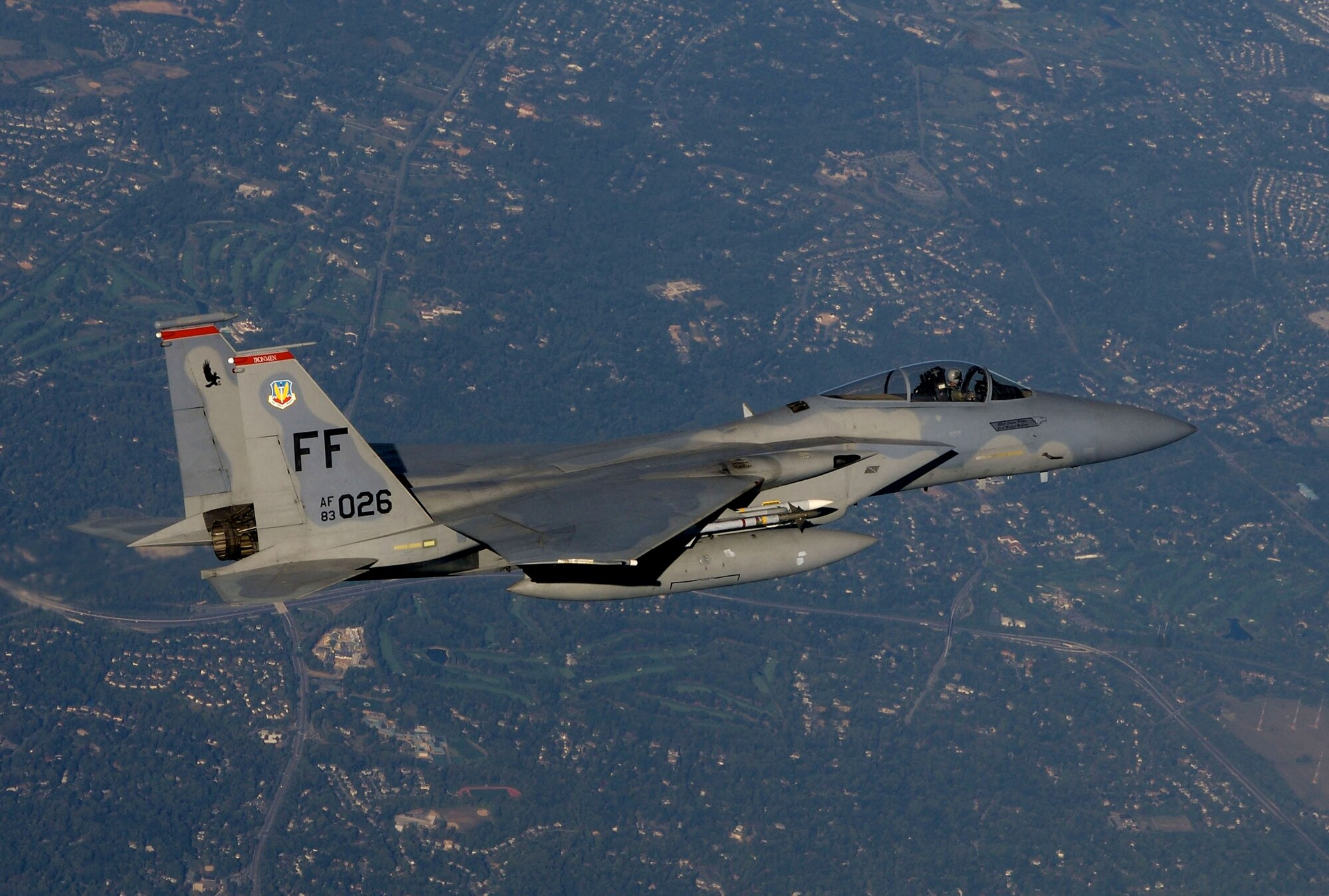 Capt. Matt Buckner, an F-15 Eagle pilot assigned to the 71st Fighter Squadron at Langley Air Force Base, Va., flies a combat air patrol mission Oct. 7 over Washington, D.C., in support of Operation Noble Eagle. (U.S. Air Force photo/Staff Sgt. Samuel Rogers)
