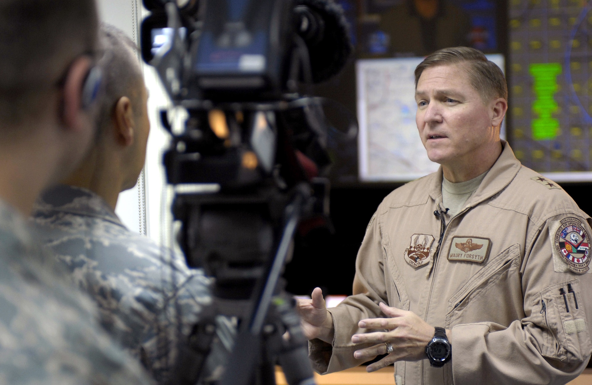 Maj. Gen. Maury Forsyth is interviewed at the Combined Air and Space Operations Center, Southwest Asia, on the importance of airpower in the U.S. Central Command's area of responsibility. (U.S. Air Force photo/Staff Sgt. Brian Ferguson)