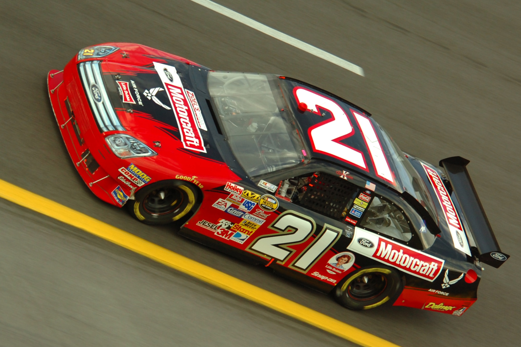TALLADEGA, Ala. -- Ken Schrader, No. 21, blew a right rear tire on Lap 153, sending the Ford Motorcraft Air Force Ford Fusion hard into the wall betweens turn three and four. The car was too damaged to continue and the team was credited with a 31st place finish on the day. A team of firefighters from Eglin Air Force Base joined ranks with more than 150 emergency personnel from all over the country to provide to the spring and fall Talladega NASCAR races to make sure the drivers and race teams are safe. They provided safety for the Friday night Automobile Racing Club of America RE/MAX Series race, the NASCAR Craftsman Truck Series race on Saturday and the NASCAR Nextel Cup Series race on Sunday. (U.S. Air Force photo by Staff Sgt. Mike Meares)