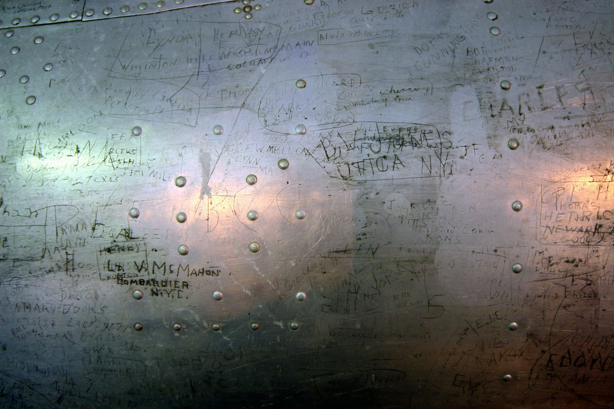 DAYTON, Ohio (07/2007) -- The B-17F "Memphis Belle" in restoration at the National Museum of the U.S. Air Force. This photo shows some of the graffiti on the aircraft. (Photo courtesy of Craig Scaling, Airshow Traveler)