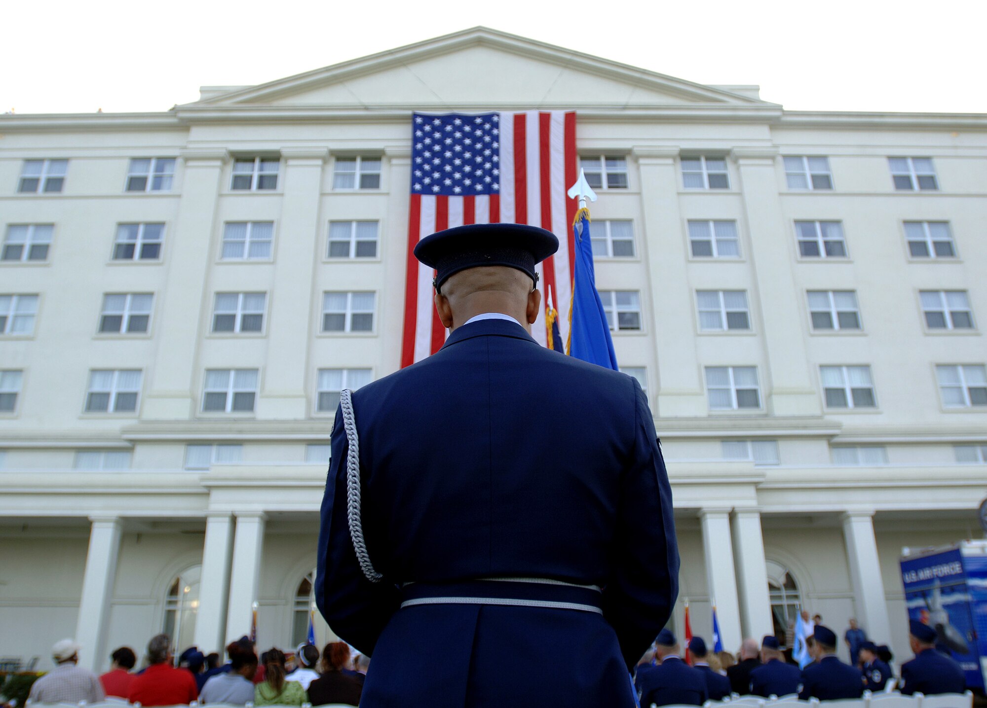 Honor guard members from Dobbins Air Reserve Base, Ga. prepare to post the colors during a proclamation ceremony at the Marietta conference center Oct. 8 kicking off Air Force Week Atlanta. Atlanta is one of six cities throughout the country chosen to host an Air Force Week Oct. 8 to 14. The theme for the year is "Heritage to Horizons," celebrating the 60th anniversary of the Air Force, its history and the future of the world's greatest force in air and space. (U.S. Air Force photo/Staff Sgt. Bennie J. Davis III) 