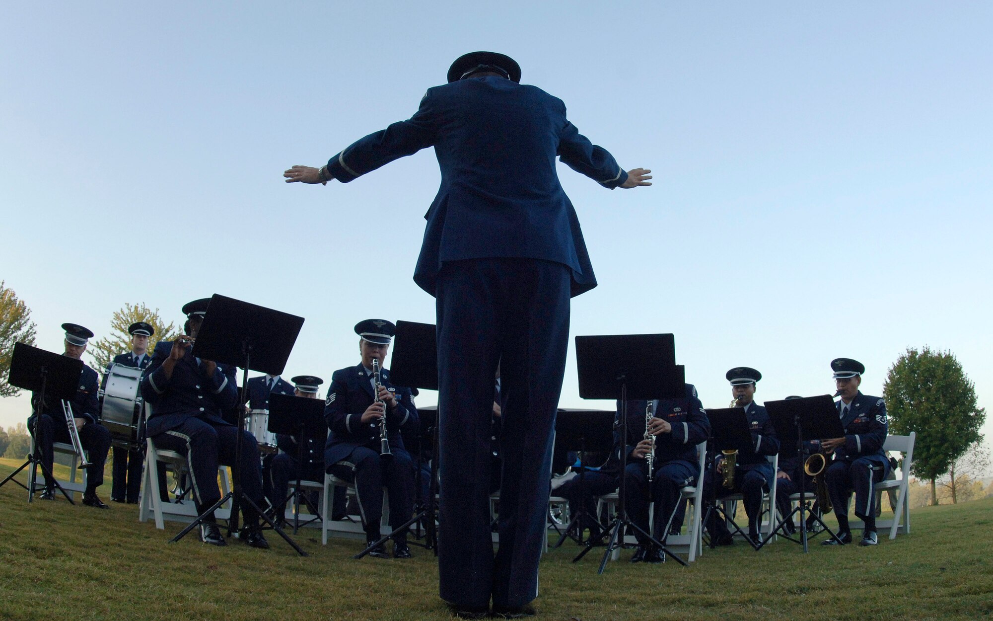 The Band of the U.S. Air Force Reserve plays the national anthem during a proclamation ceremony held Oct. 8 in Marietta, Ga., kicking off Air Force Week Atlanta. The Air Force Week program is meant to increase the awareness and support of the public by informing them and involving them in activities that showcase the Air Force's diverse capabilities and missions, its accomplishments and the sacrifice of its Airmen. Atlanta is one of six cities throughout the country chosen to host an Air Force Week Oct. 8 to 14. The theme for the year is "Heritage to Horizons," celebrating the 60th anniversary of the Air Force, its history and the future of the world's greatest force in air and space.  (U.S. Air Force photo/Staff Sgt. Bennie J. Davis III) 