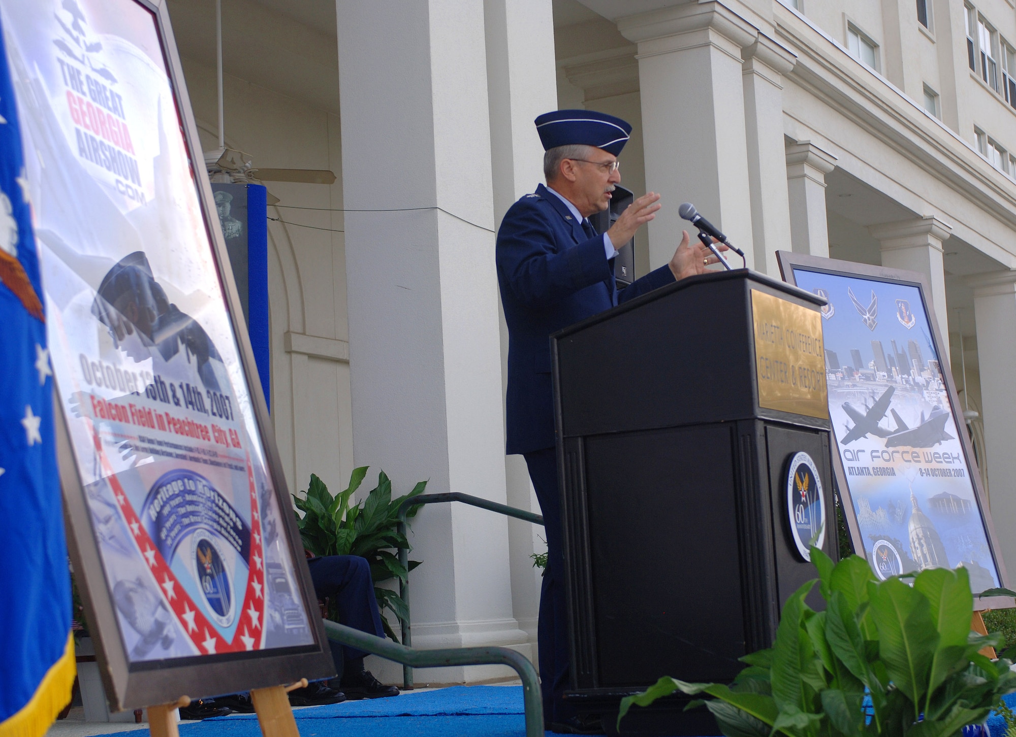 Maj. Gen. Martin M. Mazick provides remarks on Air Force Week Atlanta events to an estimated crowd of 150 during a proclamation ceremony Oct. 8 in Marietta, Ga. Atlanta is one of six cities throughout the country chosen to host an Air Force Week Oct. 8 to 14. The theme for the year is "Heritage to Horizons," celebrating the 60th anniversary of the Air Force, its history and the future of the world's greatest force in air and space. General Mazick is the 22nd Air Force commander. (U.S. Air Force photo/Staff Sgt. Bennie J. Davis III) 