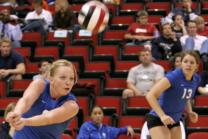 Air Force Academy Falcon Krista Stewart bumps a ball to the setter during a match with the University of Nevada Las Vegas at the Cox Povilian in Las Vegas, Nev., Oct. 6. The Falcons went on to drop the match by three sets. (U.S. Air Force Photo by Master Sgt. Robert W. Valenca)

