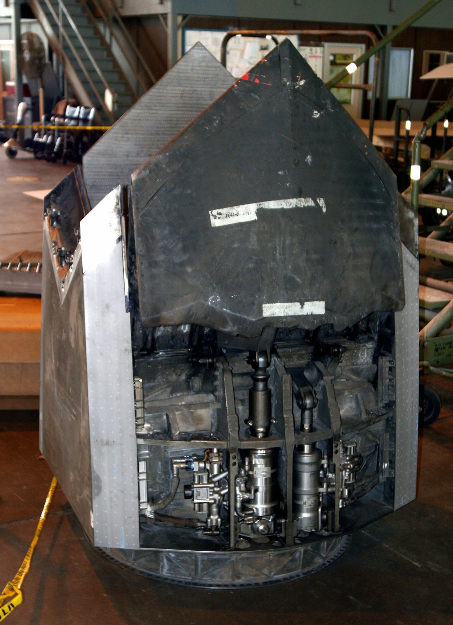 DAYTON, Ohio (07/2007) -- F-22A Raptor thrust vector engine in the National Museum of the U.S. Air Force's restoration hangar. (Photo courtesy of Craig Scaling, Airshow Traveler)