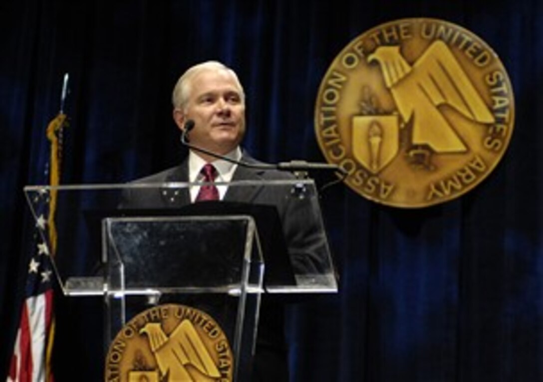 Defense Secretary Robert M. Gates speaks to members of the Association of the United States Army attending their annual convention in Washington, D.C., Oct. 10, 2007. 