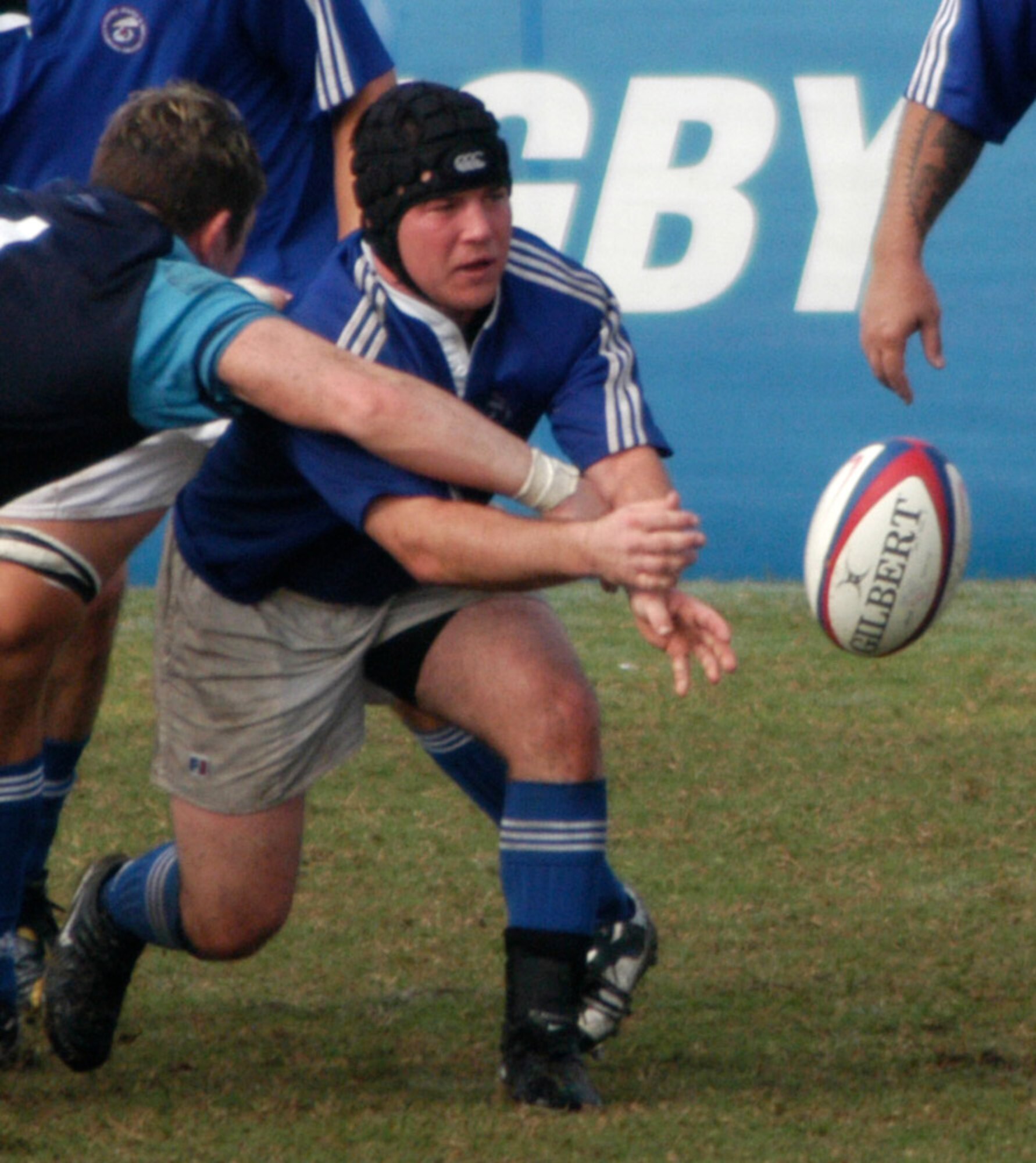 2nd Lt. Daniel Griffin, 27th Special Operations Civil Engineer Squadron, tries to get his hands on the ball during a rugby game. Lieutenant Griffin is playing on the Air Force rugby team in the upcoming Armed Forces 2007 rugby tournament at Camp Lejeune, N.C. (Courtesy photo)